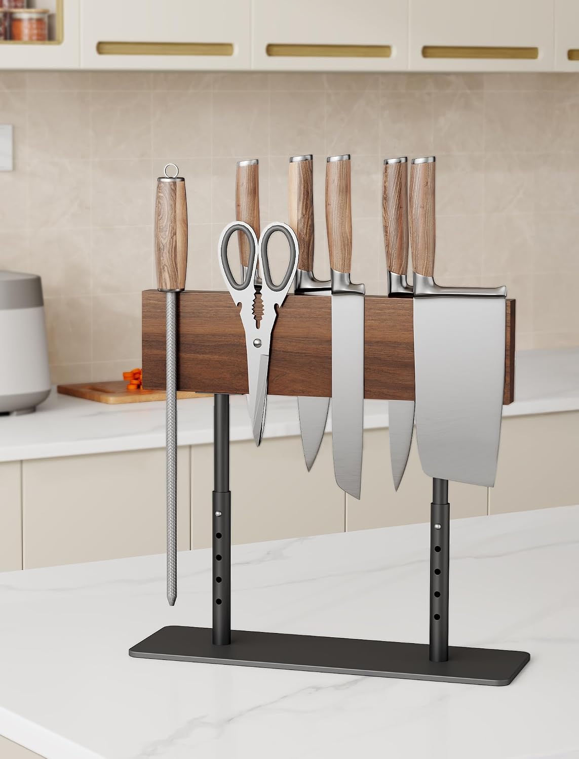 NiHome Acacia Wood Knife Block, Adjustable Height Magnetic Stand (8.66–11.81 in), Double-Sided Knife Storage, Thick Metal Base with Non-Slip Pads for Kitchen Counter