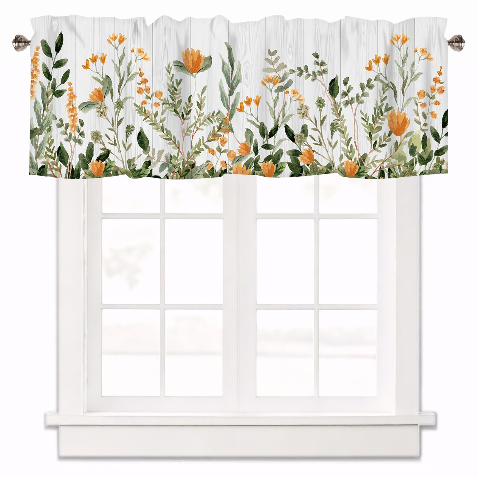 Floral Valances for Kitchen Windows, Flowers Wood Grain Valance Curtain Rod Pocket Window Treatments Farmhouse Short Curtains for Living Room Bedroom Bathroom Decor 42x12 Inch