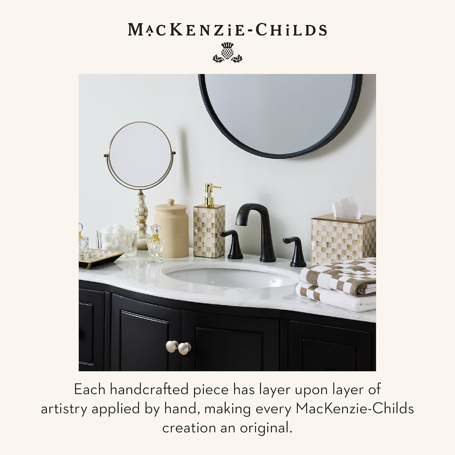 MACKENZIE-CHILDS Hand Towel, Cute Decorative Hand Towel for Bathroom and Kitchen, Brown-and-White Mocha Check Border
