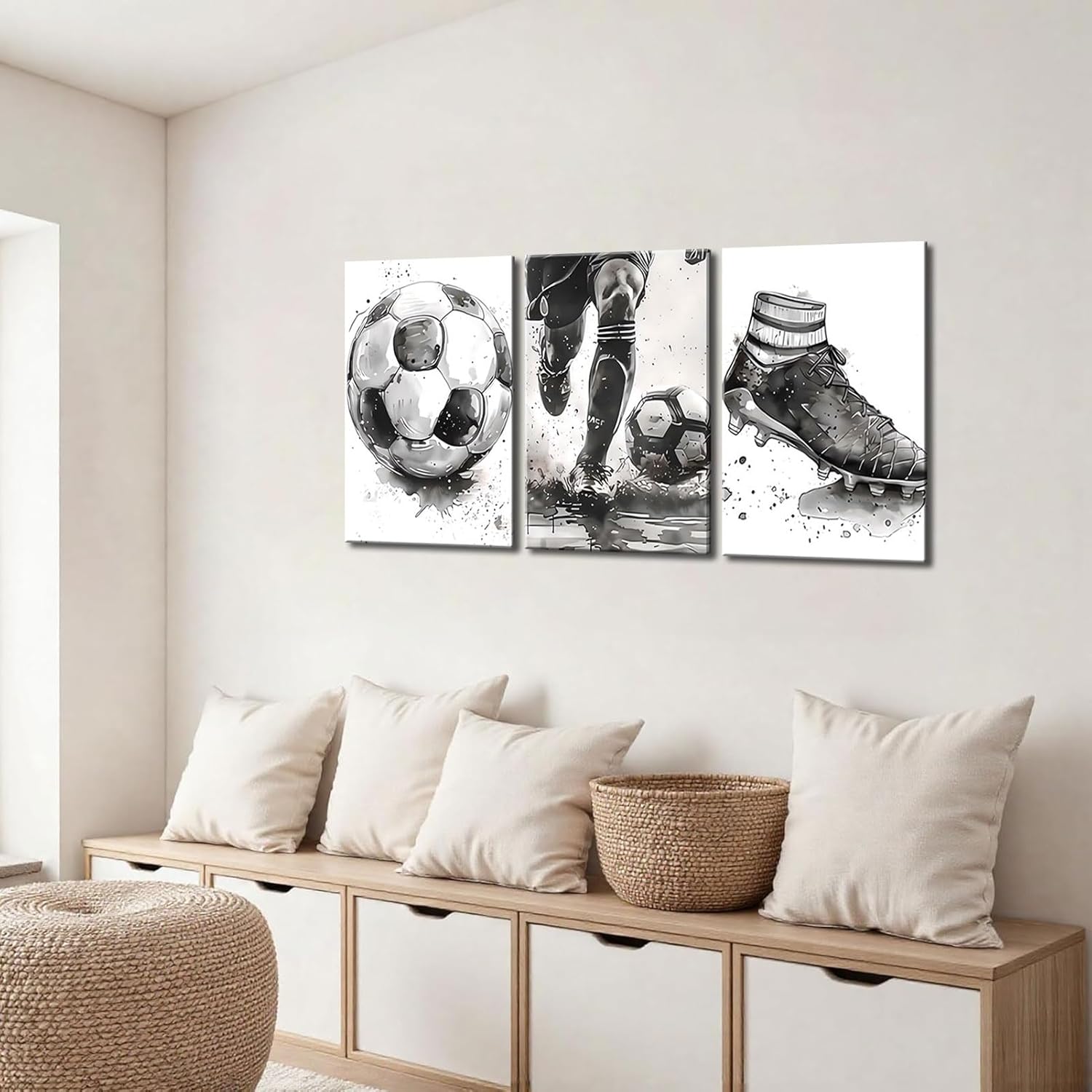 3Pcs Soccer Canvas Wall Art Black and White Football Decor pictures Modern Sports Theme Poster Prints for Stadium Boys Room Locker Room Living Game Room Home Decoration - Image 6