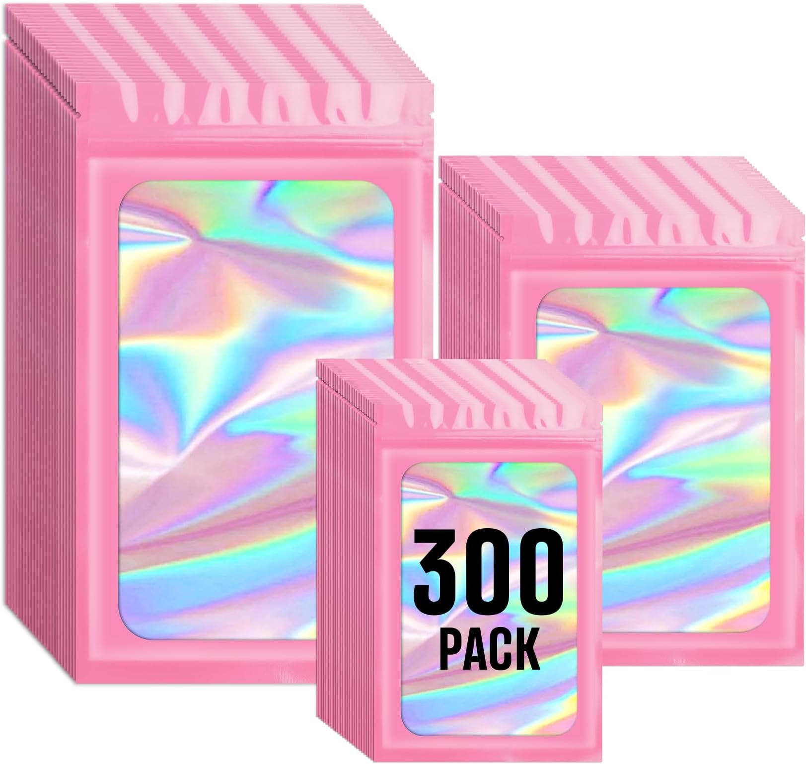 FUNFERY300 Pack 3 Size Mylar Holographic Bags with Clear Window, Resealable, Smell Proof, Zipper Foil Bags for Food Storage, Sample, Small Business (Pink, 3x4.7, 4x6, 4.7x7.9in)