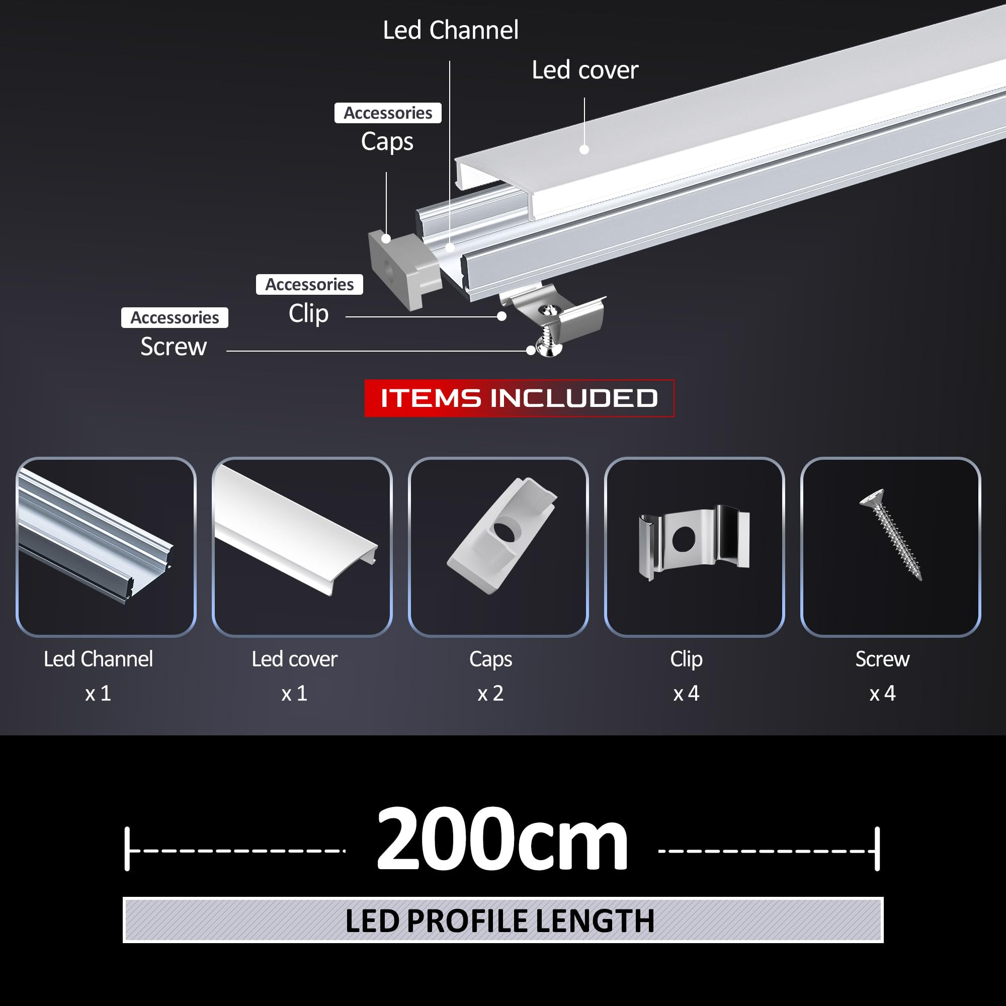 Perfil aluminio tira led 6 x 2m, perfil led de aluminio con perfil tira led y difusor LED, incluye 6 tapas difusoras blancas, 12 tapas de extremo y 24 clips para tiras LED，Para iluminación indirecta