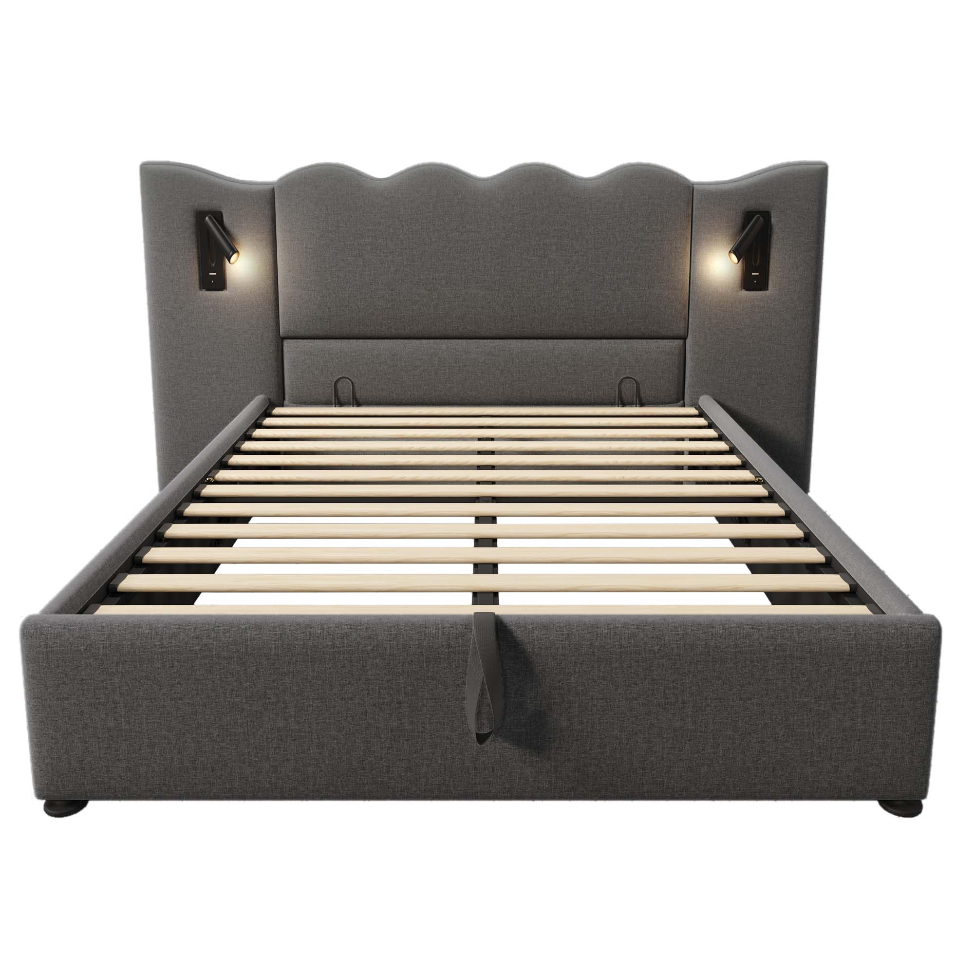 Letto Imbottito Doppio SUKY Con Testiera A Strisce Dorate E Ricarica USB-C – Sollevabile Idraulicamente, 180x200 Cm, Beige