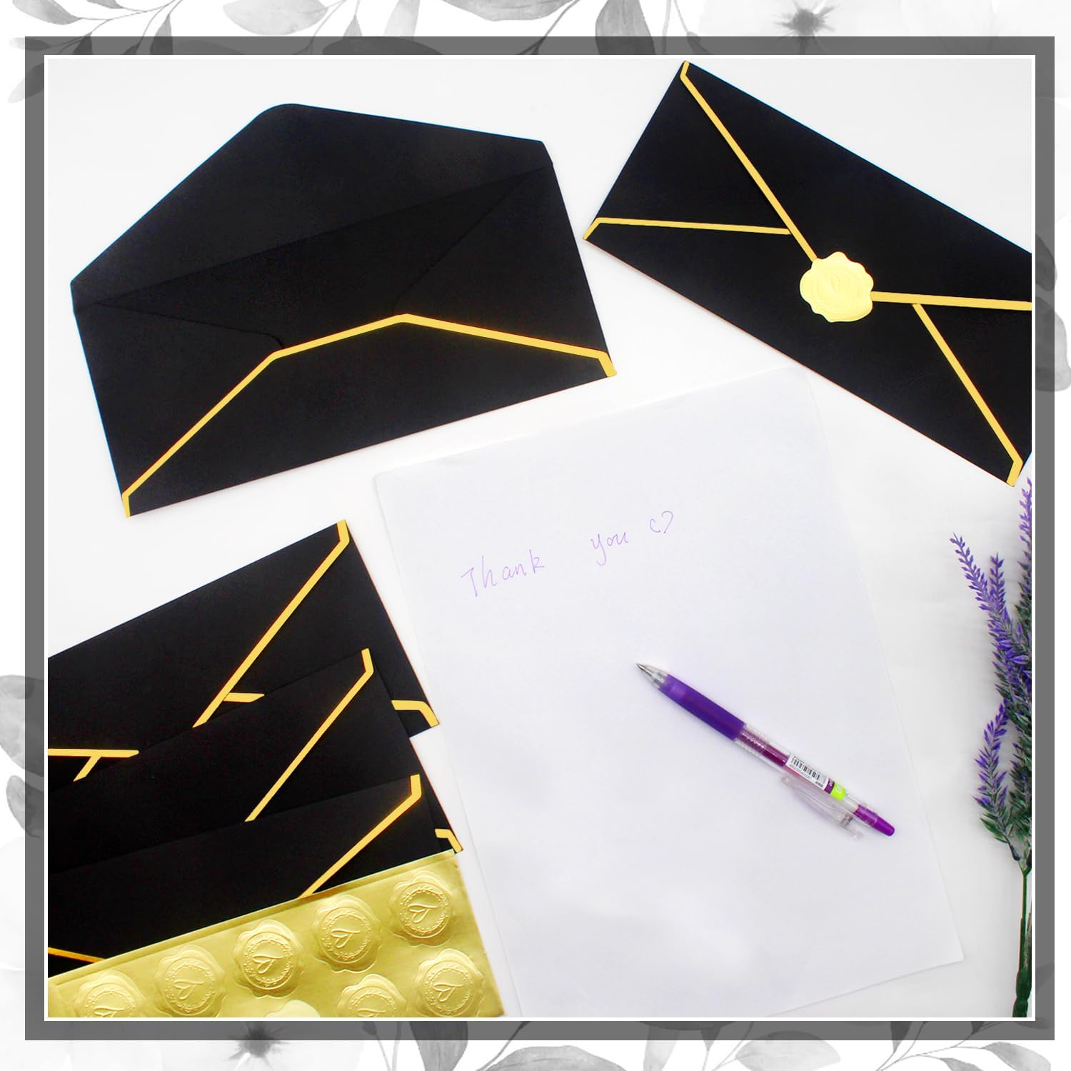 Business Envelopes with V-Flap,Gold Border 30 Pack #10 Envelopes Made of 150gsm Paper, Standard Envelopes with Gold Stickers for Office, Checks, Letter Mailing,9.45 x 4.13 Inches (Black) - Image 5