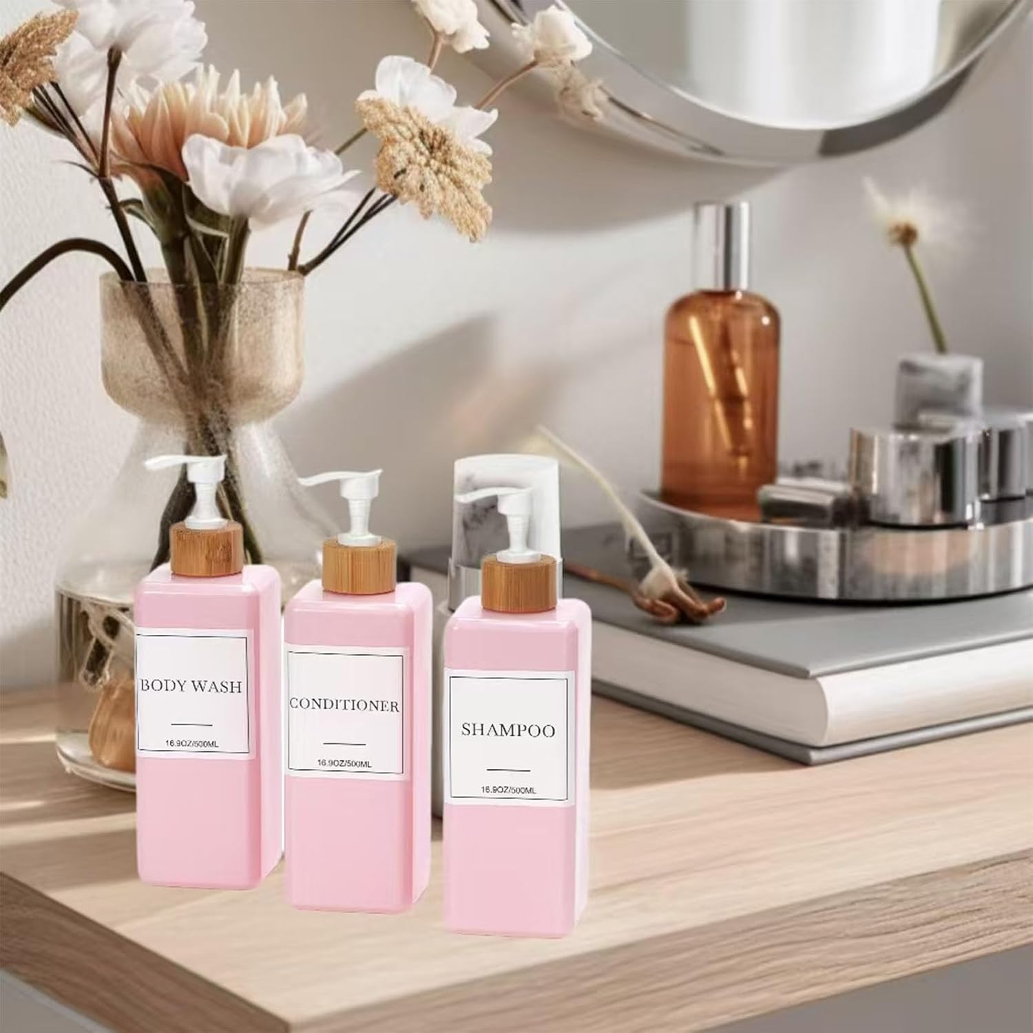 Shampoo and Conditioner Dispenser for Shower, Refillable Shampoo and Conditioner Bottles Body Wash Dispenser with Waterproof Labels, 3PCS Soap Dispenser Bathroom Pink White Empty Pump Bottle - Image 9