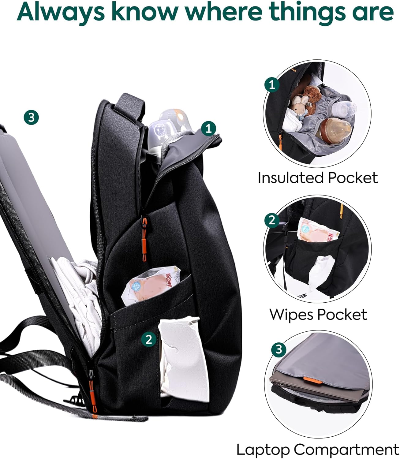 Babelio Grid Wizard Diaper Bag Backpack - Multi Function Waterproof Diaper Bag, Travel Essentials Baby Bag with Insulated Bottle Holders, Baby Shower Gifts, Black