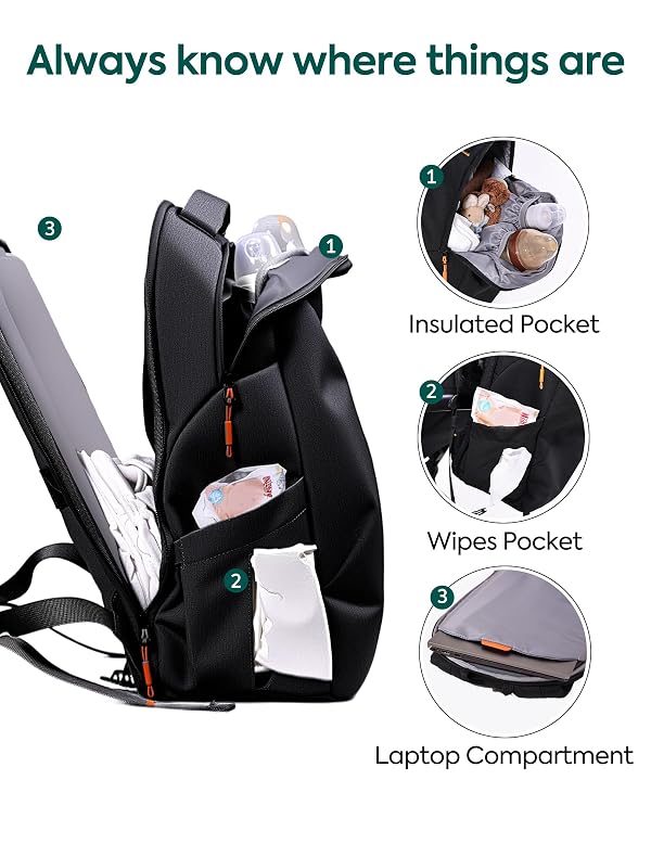 Babelio Grid Wizard Diaper Bag Backpack - Multi Function Waterproof Diaper Bag, Travel Essentials Baby Bag with Insulated Bottle Holders, Baby Shower Gifts, Black by Babelio - Image 3