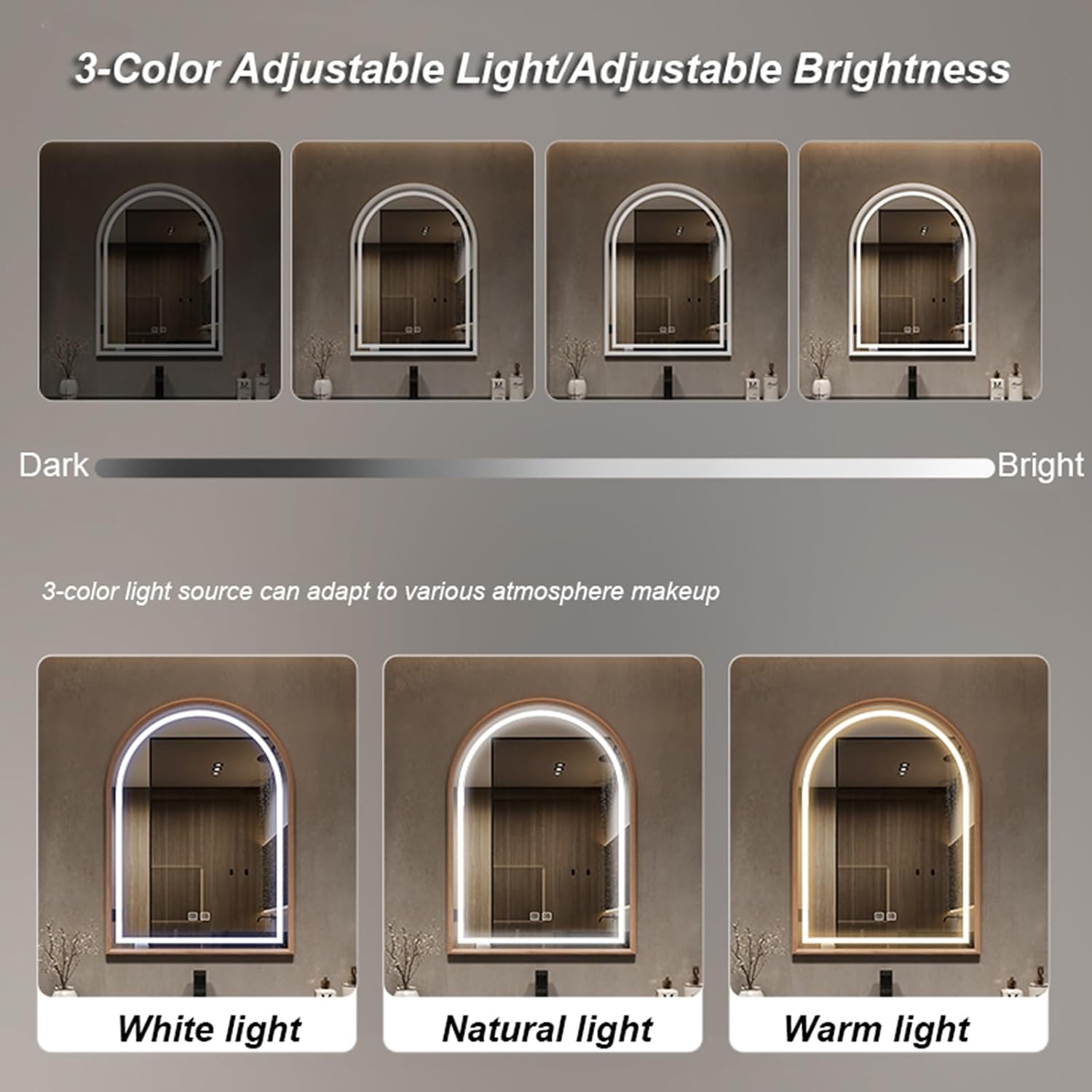 Arched LED Lighted Bathroom Mirror, Rustic Wood Frame Decorative Mirror, Vanity Mirror with Light, for Bathroom Bedroom Or Wall Decor(Light Brown,60x80cm/23.6x31.5in)