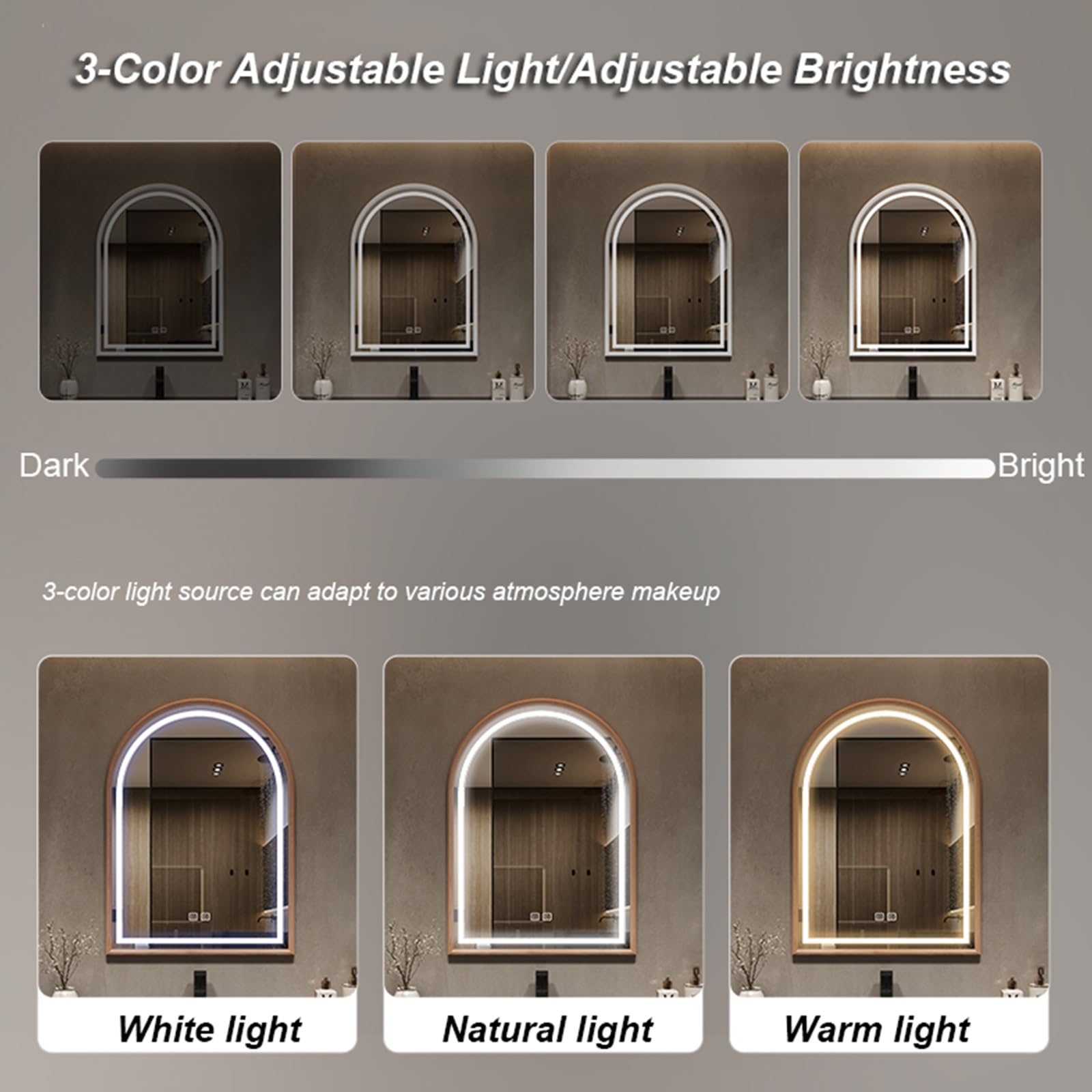 Miroir De Salle De Bain Lumineux LED, Miroir Arqué À Cadre en Bois Rustique, Miroir De Courtoisie avec 3 Couleurs De Lumière Dimmables(Light Brown,50x70cm/19.7x27.5in)