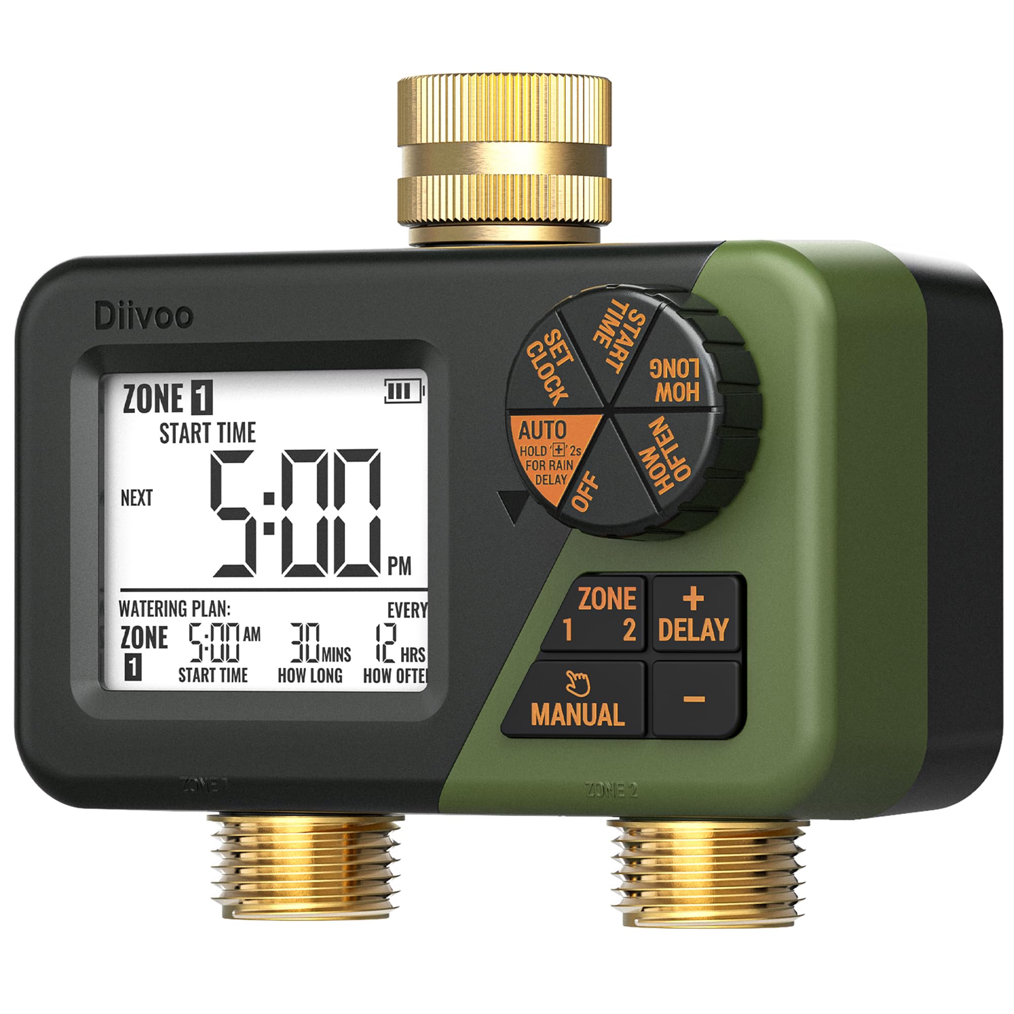 Diivoo Programmateur Arrosage Automatique avec Entrée et Sortie en Laiton, IP66 Minuteur Arrosage avec Grand Écran LCD, Retard de Pluie, Arrosage Manuel pour Pelouse et Jardin
