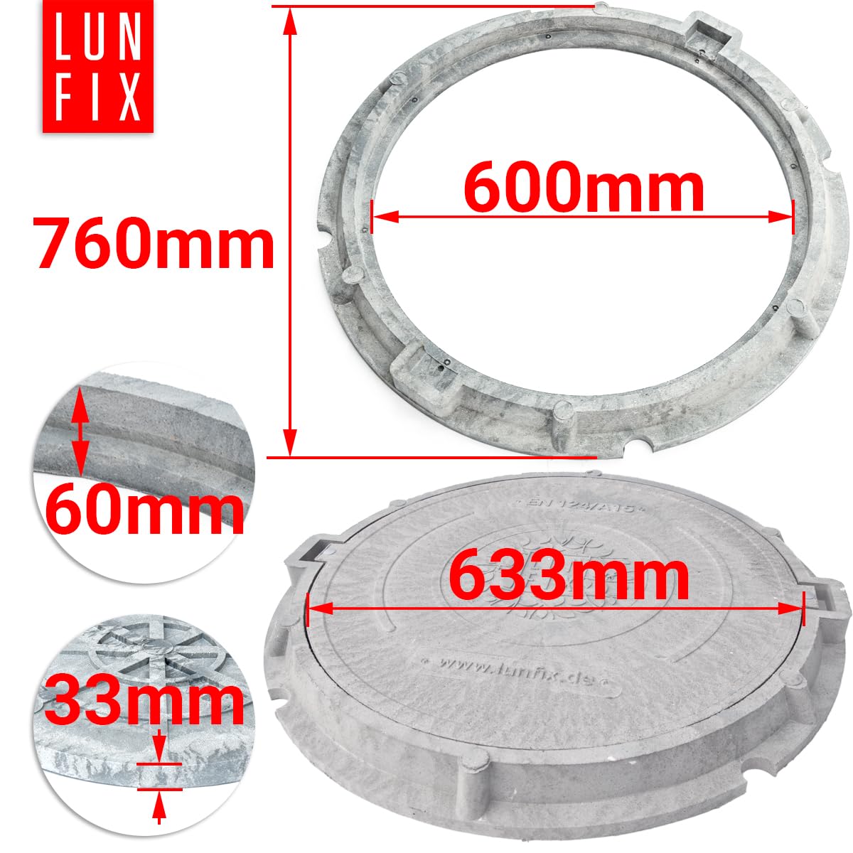 Tapa de arqueta redonda DN 600 mm gris claro clase A15 1,5t, Lun Fix | Polímero-sand resistente, tornillos antimanipulación, cubierta de registro para pozo de drenaje