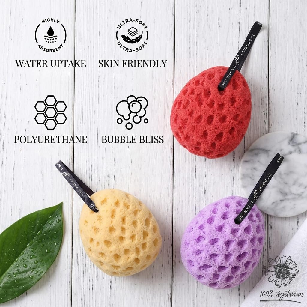 3 Pack Loofah Sponge for Shower, Soft Shower Sponge for Body Cleansing, Sea Sponge Texture for Rich Lather and Gentle Exfoliation, Quick Dry Body Sponge for Men and Women