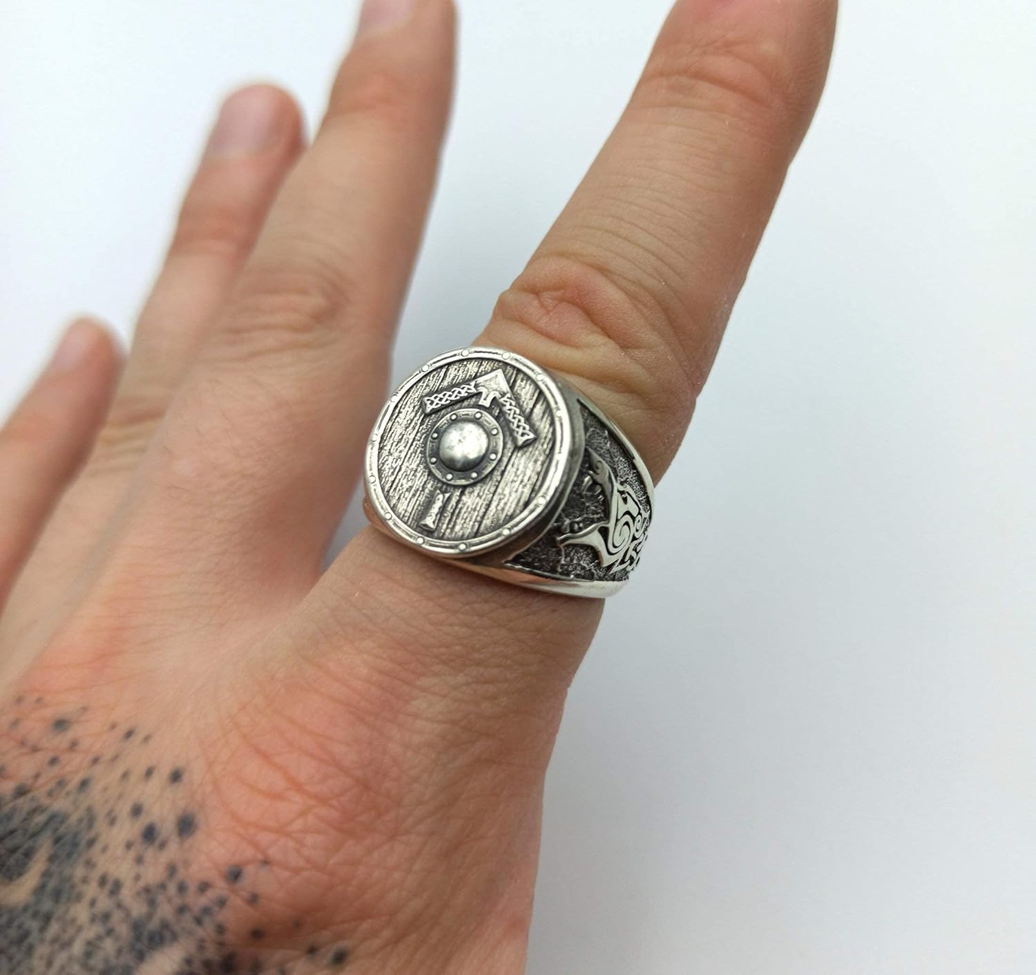 Norse rune Tiwaz silver signet ring Viking mythology jewelry Tyr shield wolf ring