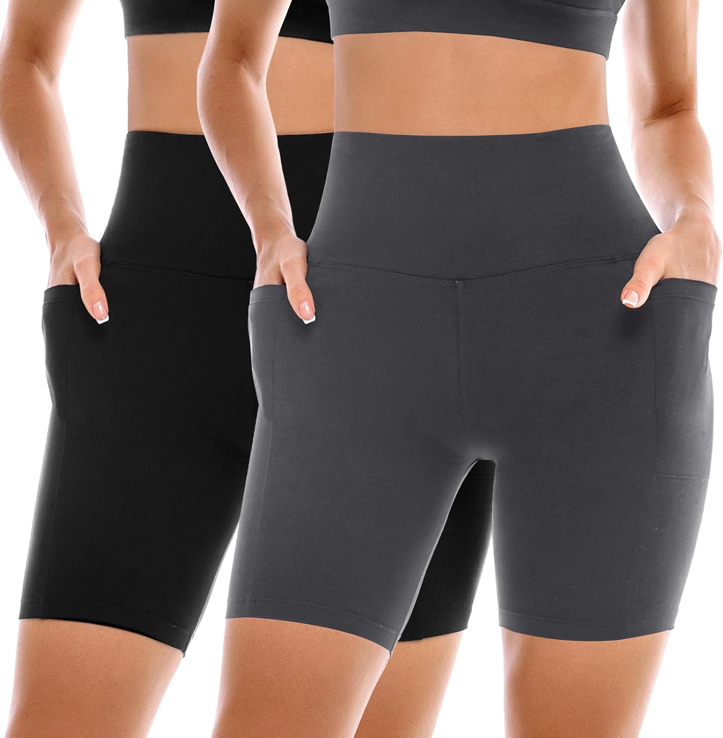 Ipletix 2 Pack Womens Biker Shorts with Pockets, 6" High Waisted Tummy Control Yoga Shorts for Women Running Gym