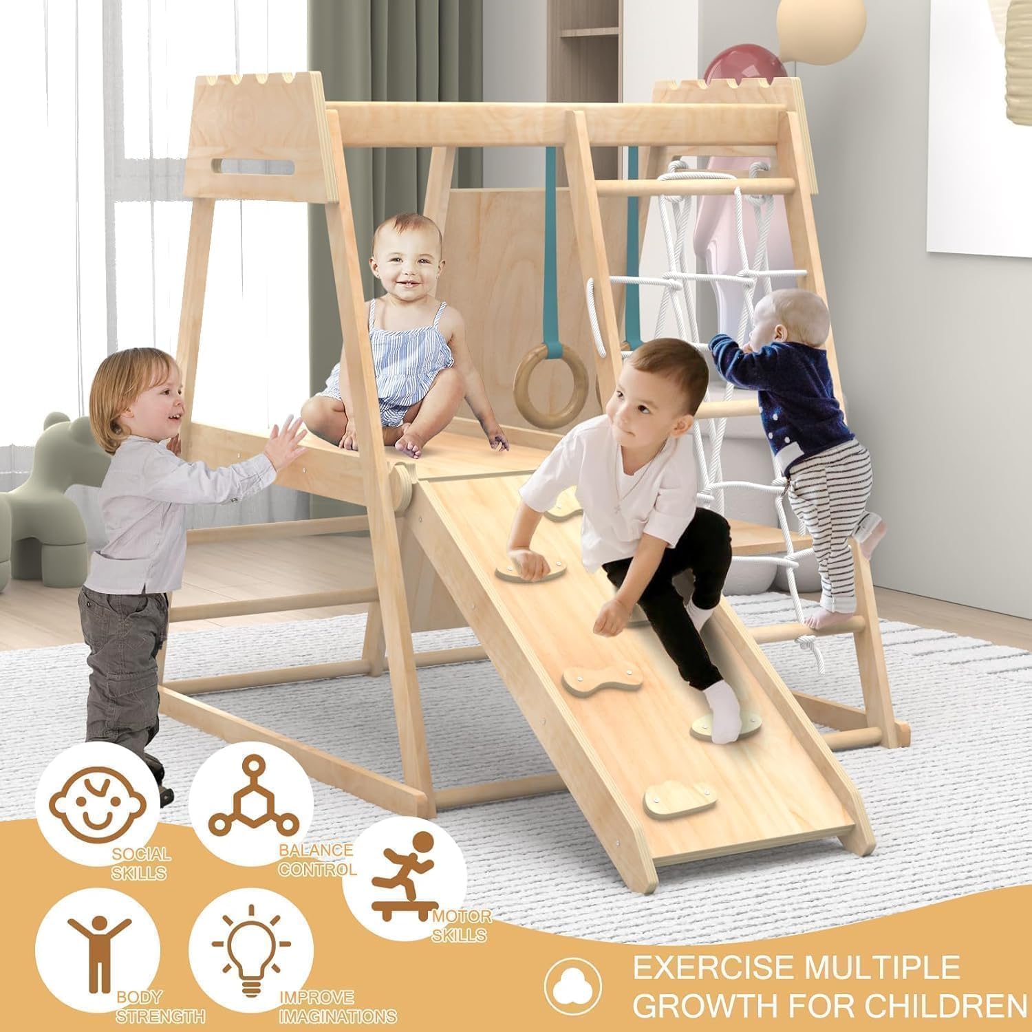 8-in-1 Indoor Playground, Indoor Jungle Gym for Toddlers, Kids Climbing Toys Indoor, Wooden Montessori Climber Playset with Swing, Slide, Monkey Bar, Wood Ladder, Climbing Net,Gymnastic Rings