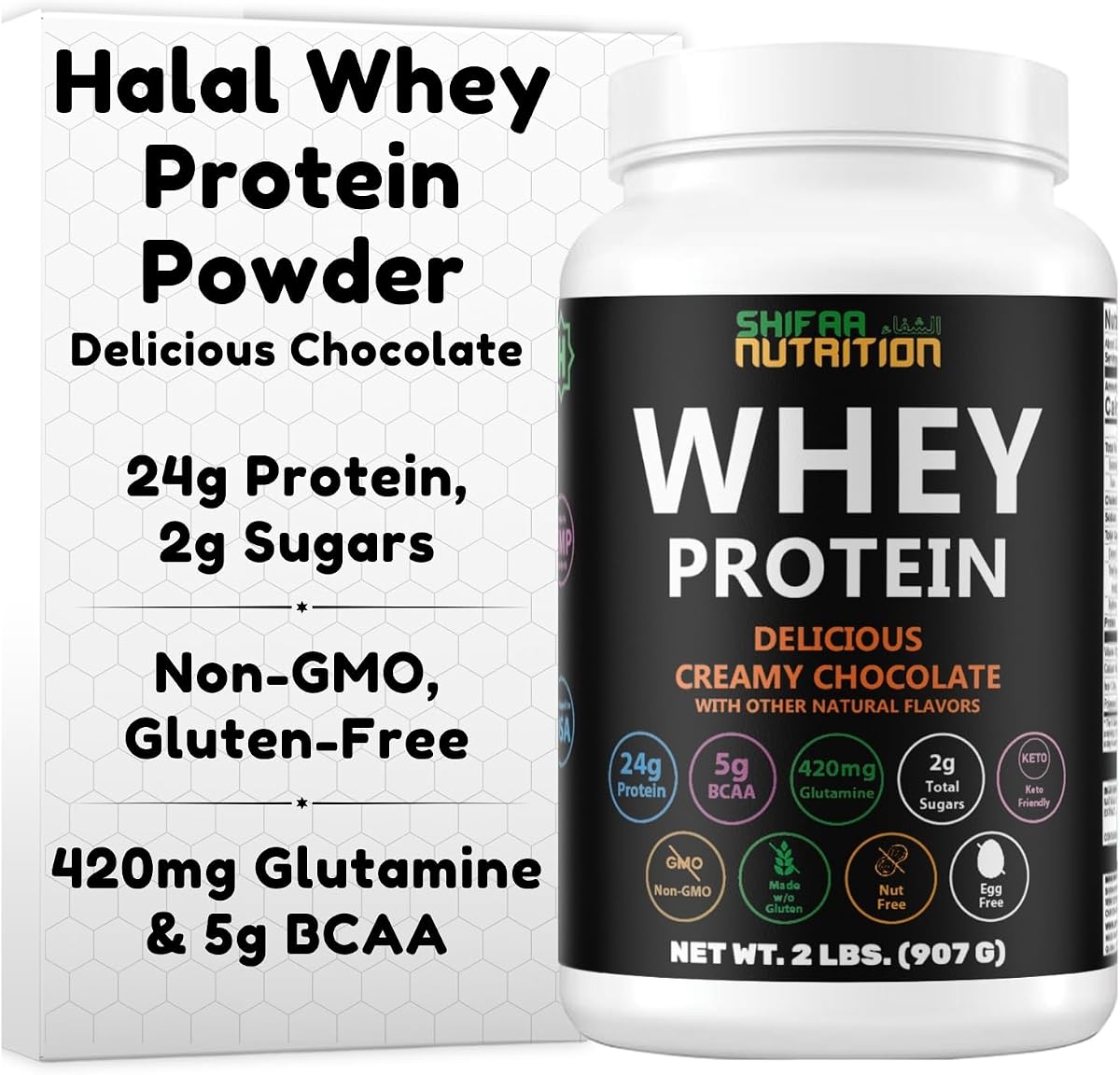 2 libras de proteína de suero en polvo Halal, chocolate cremoso. 24 g de proteína, 5 g de BCAA y 420 mg de glutamina. para desarrollar músculos magros y recuperarse. Keto-Friendly, sin gluten, sin OGM