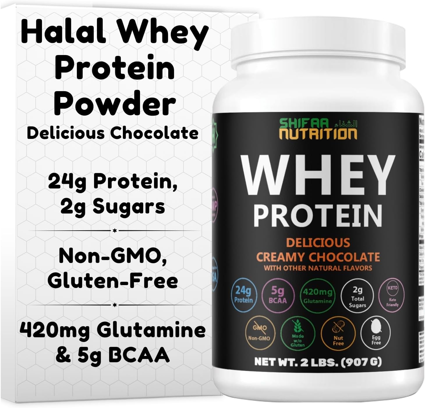 SHIFAA NUTRITION Delicious Creamy Chocolate Halal Whey Protein Powder 2Lbs | 24g Protein, 5700mg BCAAs, and 420mg Glutamine | for Recovery & Lean Muscles | Gluten-Free | Non-GMO | Keto-Friendly |