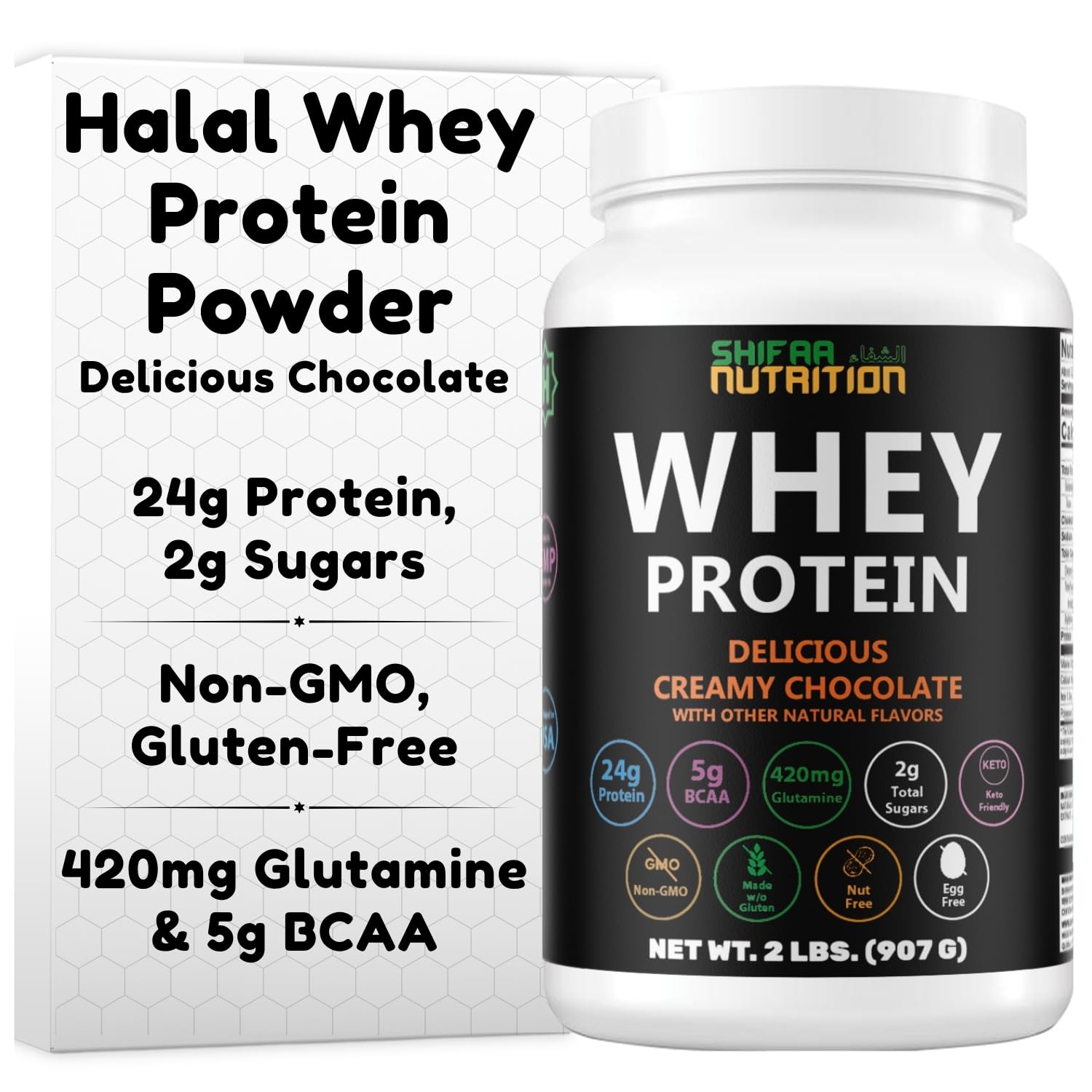 SHIFAA NUTRITION Delicious Creamy Chocolate Halal Whey Protein Powder 2Lbs | 24g Protein, 5700mg BCAAs, and 420mg Glutamine | for Recovery & Lean Muscles | Gluten-Free | Non-GMO | Keto-Friendly |