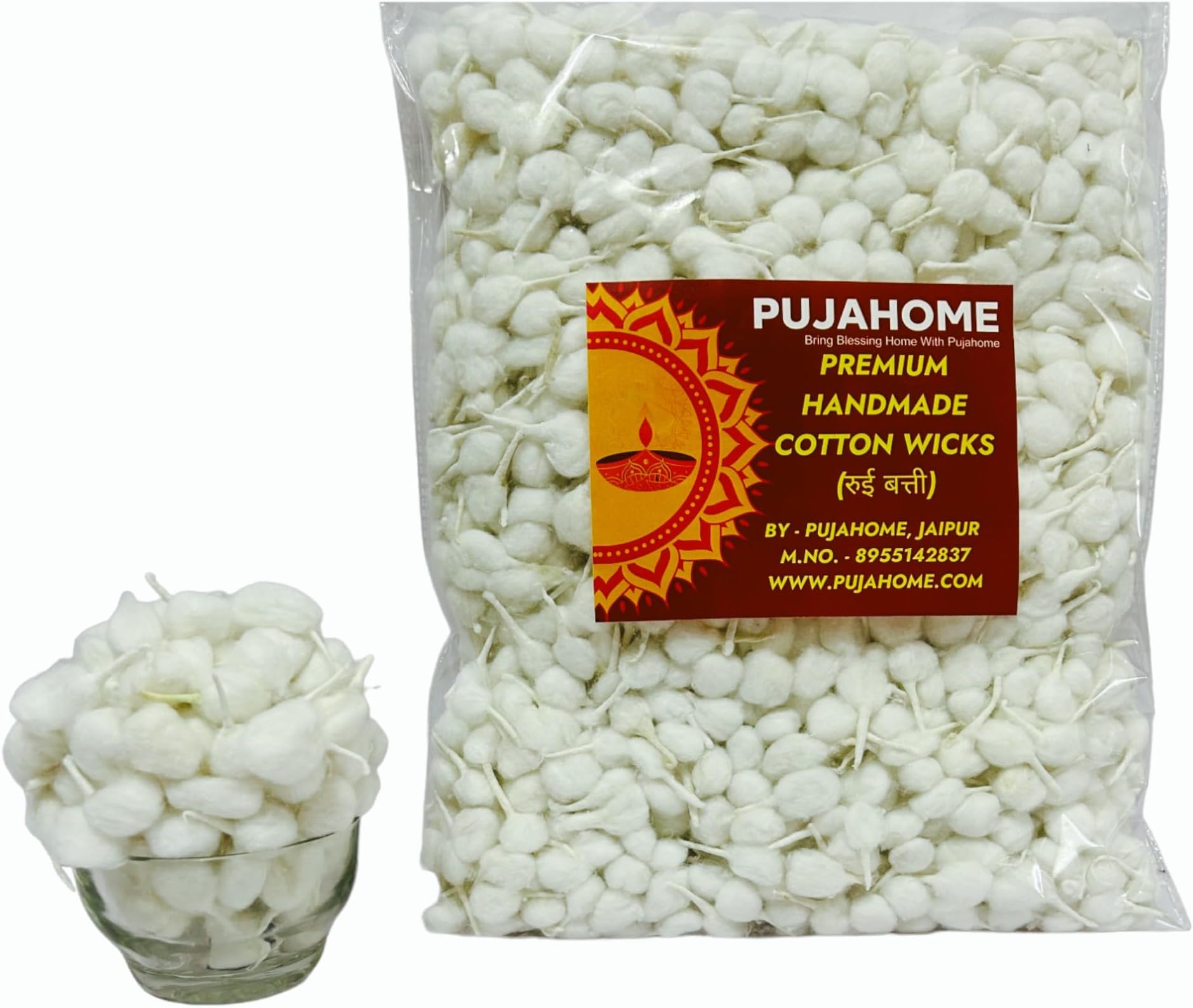 Handmade Round Cotton Wicks | 1100 Pieces – Phool Batti for Pooja, Aarti, Navratri, and Spiritual Prayers | Ideal for Home Décor, Meditation, and Religious Ceremonies - White Cotton Batti