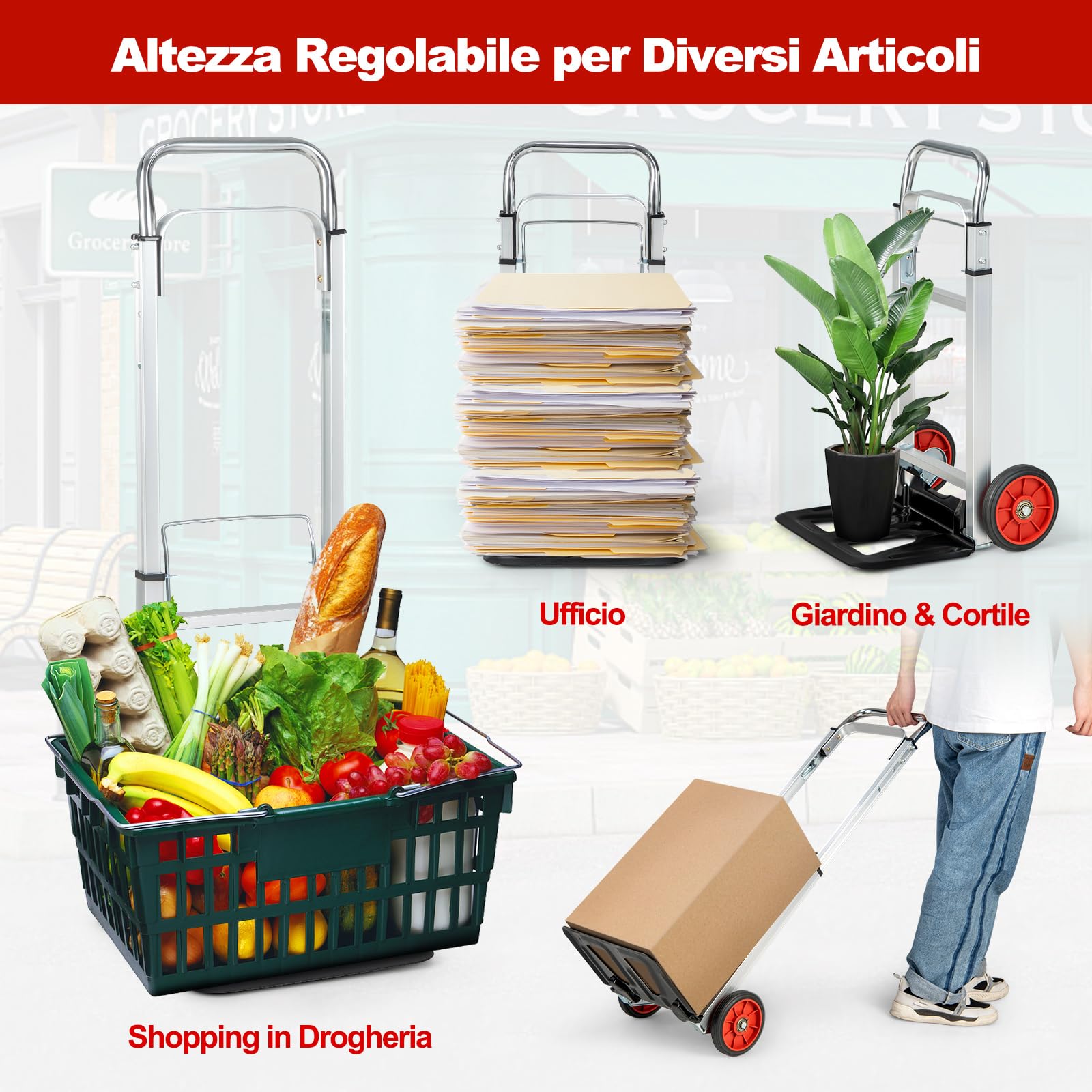 COSTWAY Carrello a Mano in Alluminio Pieghevole e Portatile, Carrello Portapacchi con Manico Telescopico Pieghevole e 2 Ruote in Gomma, Capacità di Carico 100 kg, per Casa, Giardino e Magazzino