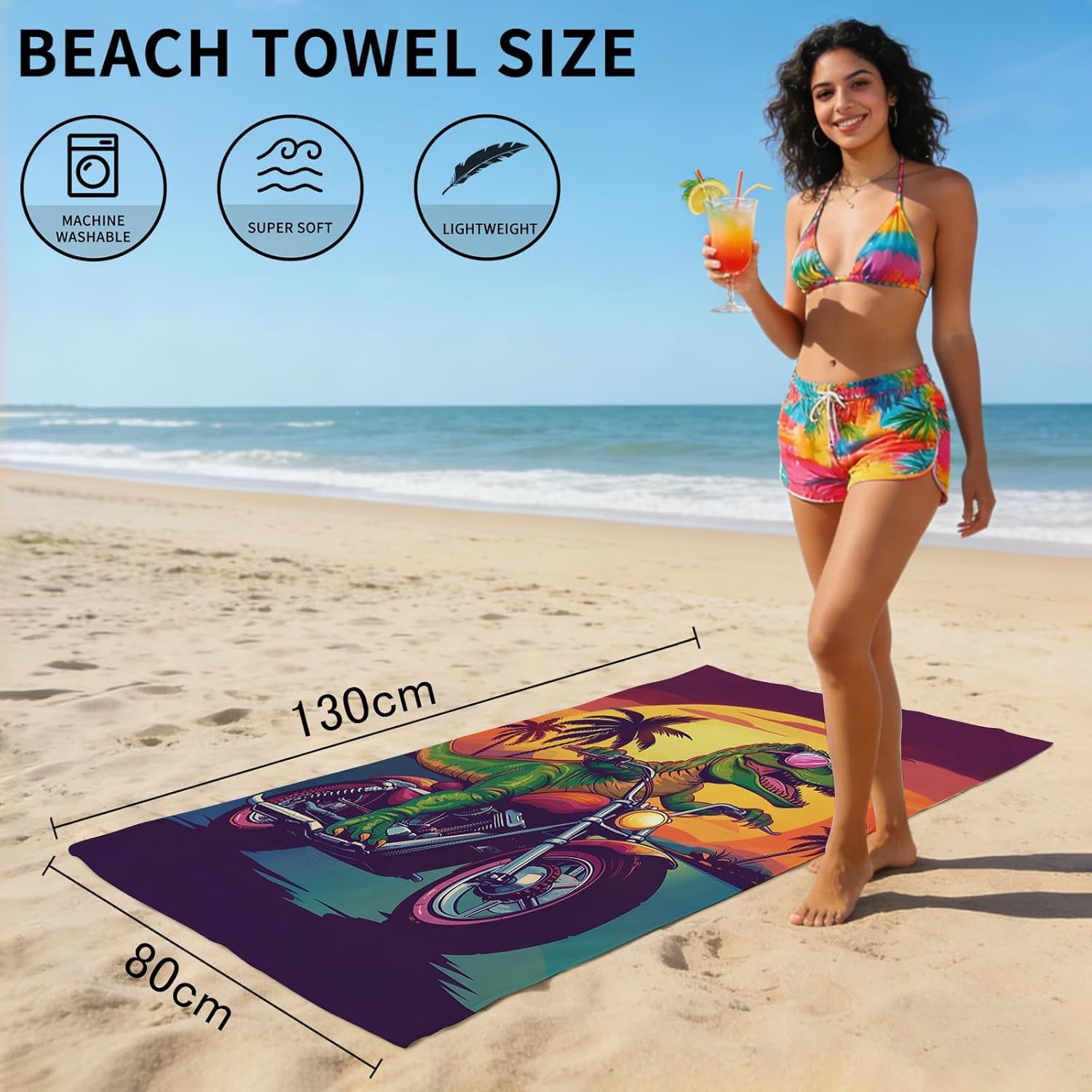 Dinosaur Beach Towel, Funny Green Dinosaur Riding A Motorcycle Towel for Boys Kids Adults, Microfiber Dino Motocross Palm Tree Sunset Swim/Pool/Travel Towels, Quick Dry Oversized 32x52