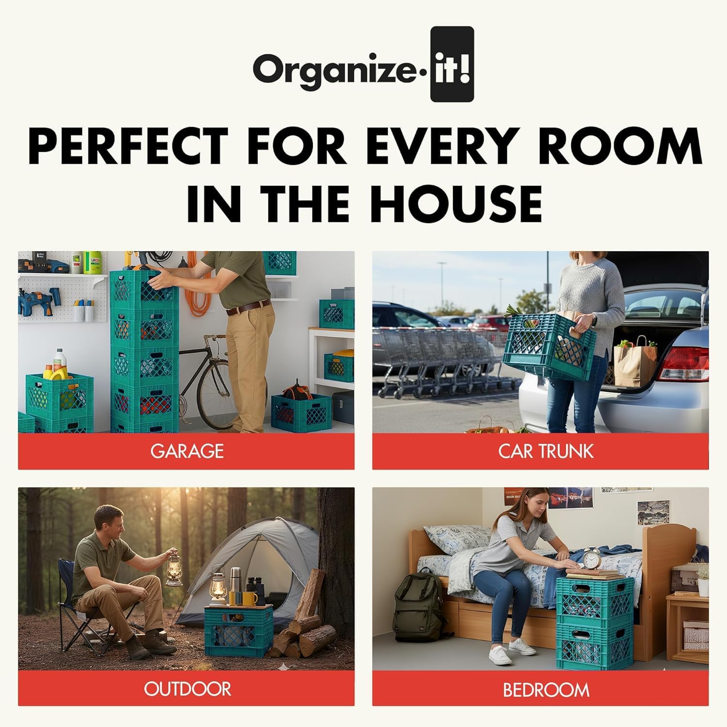ORGANIZE-IT! Authentic Milk Crate, 4 Pack - Heavy-Duty Storage Crate, Easy-Grip Handles, Versatile Storage Crate Box, 13" L x 13" W x 11" H (Teal)
