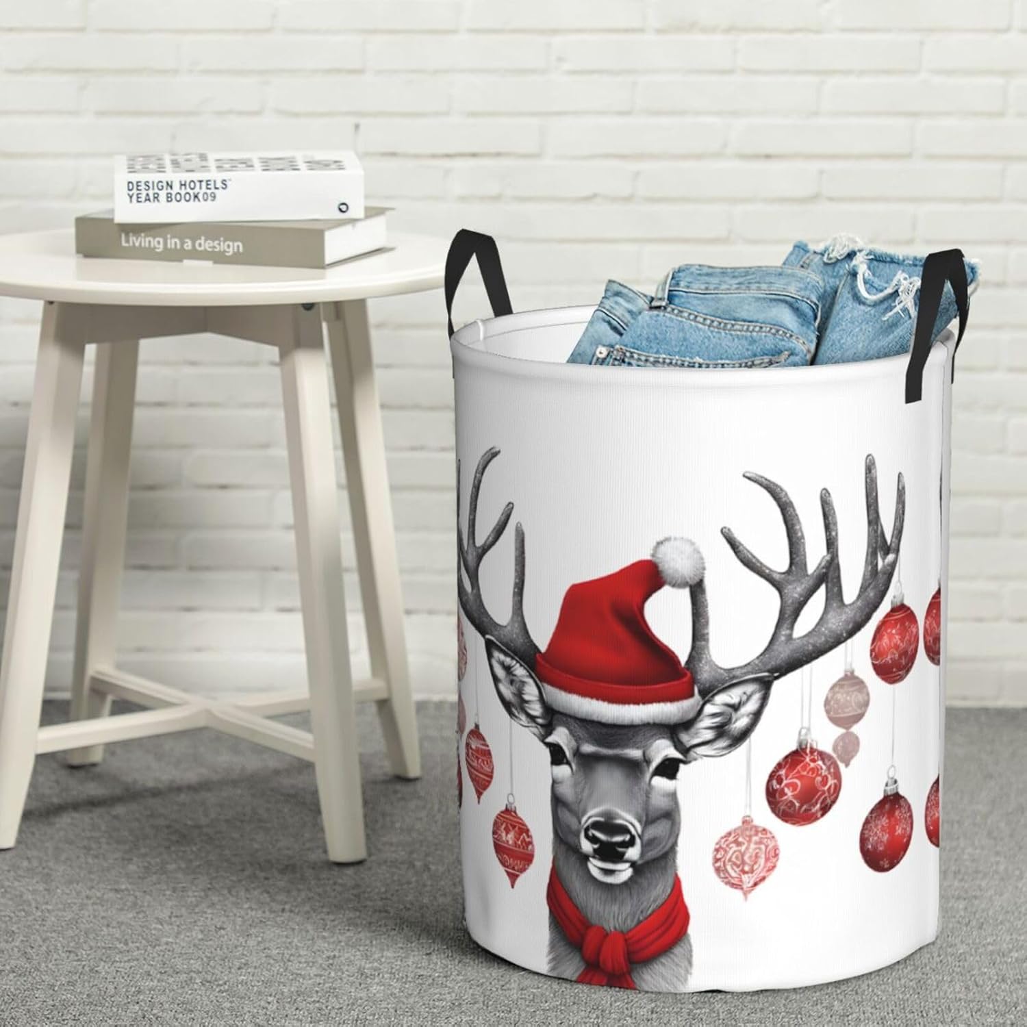 (Funny Christmas Moose) Circular Hamper, Laundry Basket, Storage Baskets Foldable, Storing Toys, Clothes, Books