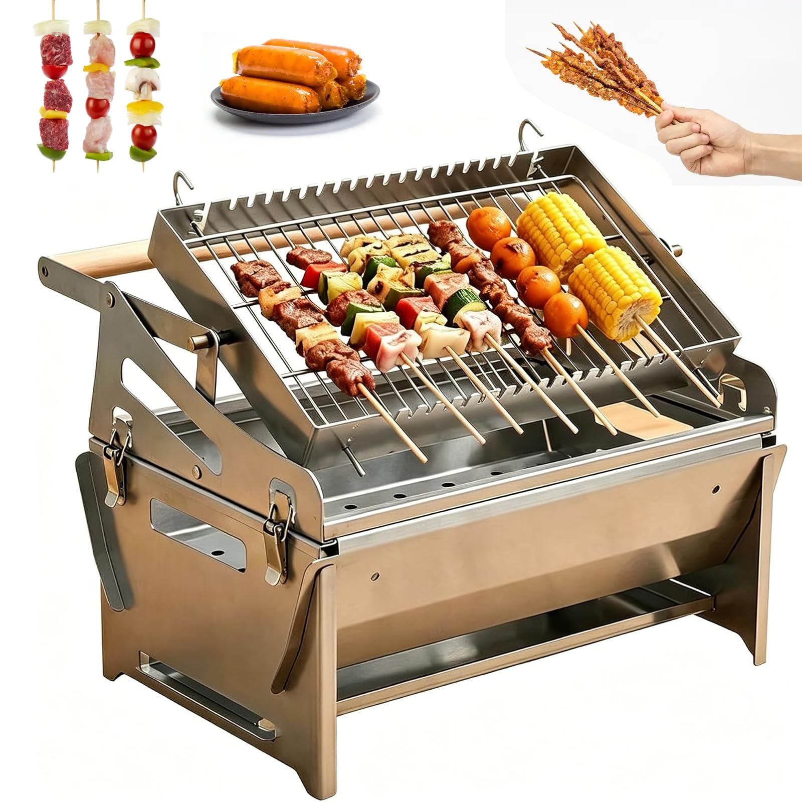 Parrilla de carbón de acero inoxidable con rotación manual y bandeja de cenizas para camping