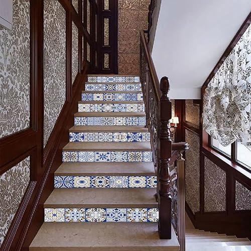 Miniatura 3 de Papel tapiz de escalera 3D DIY para despegar y pegar, calcomanías de escalera con patrón clásico azul, azulejos de cerámica, mural de pared,