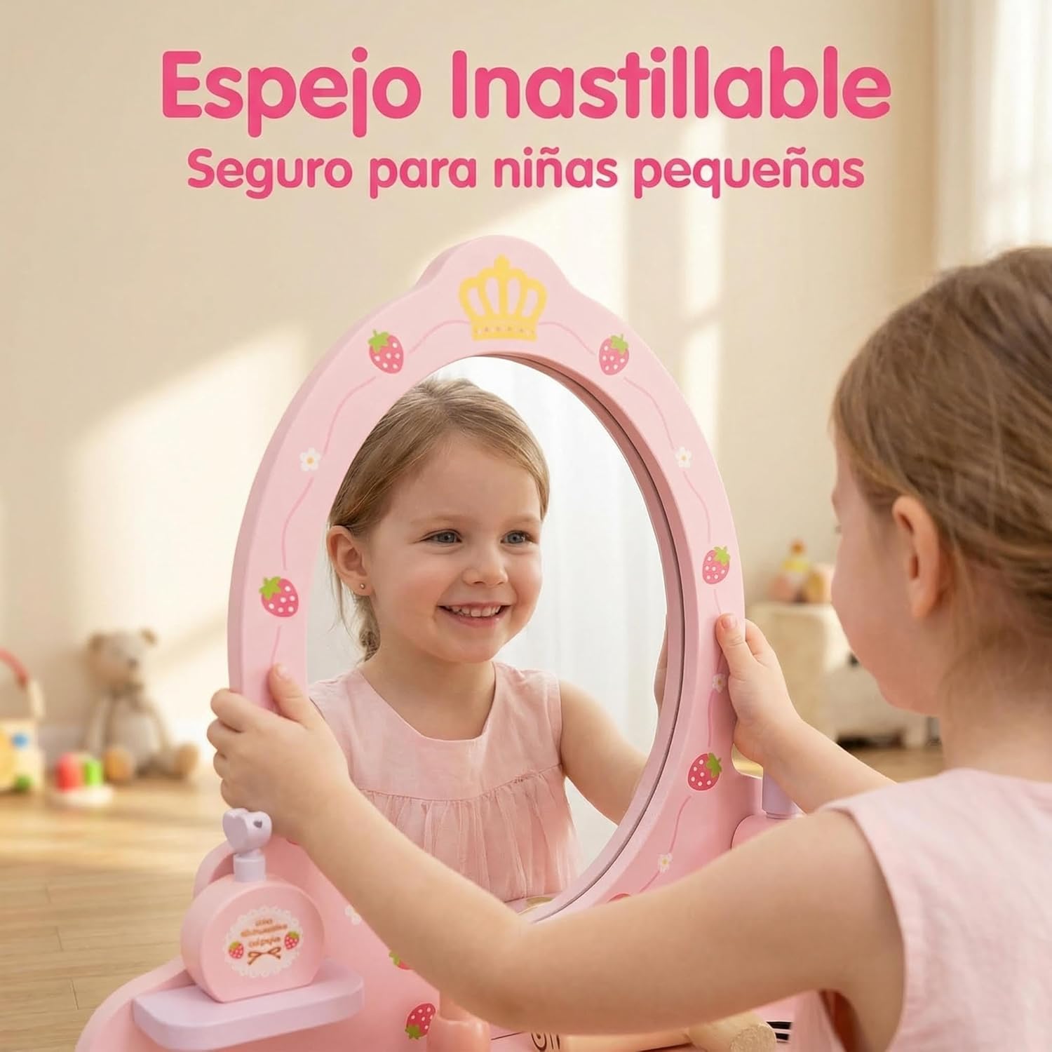 Owii Children's Wooden Dressing Table, Pretend Play Set for Little Girls, Makeup Table with Mirror, Drawer, Stool and Wooden Makeup Accessories Kit 51 x 30 x 53.5 cm Pink