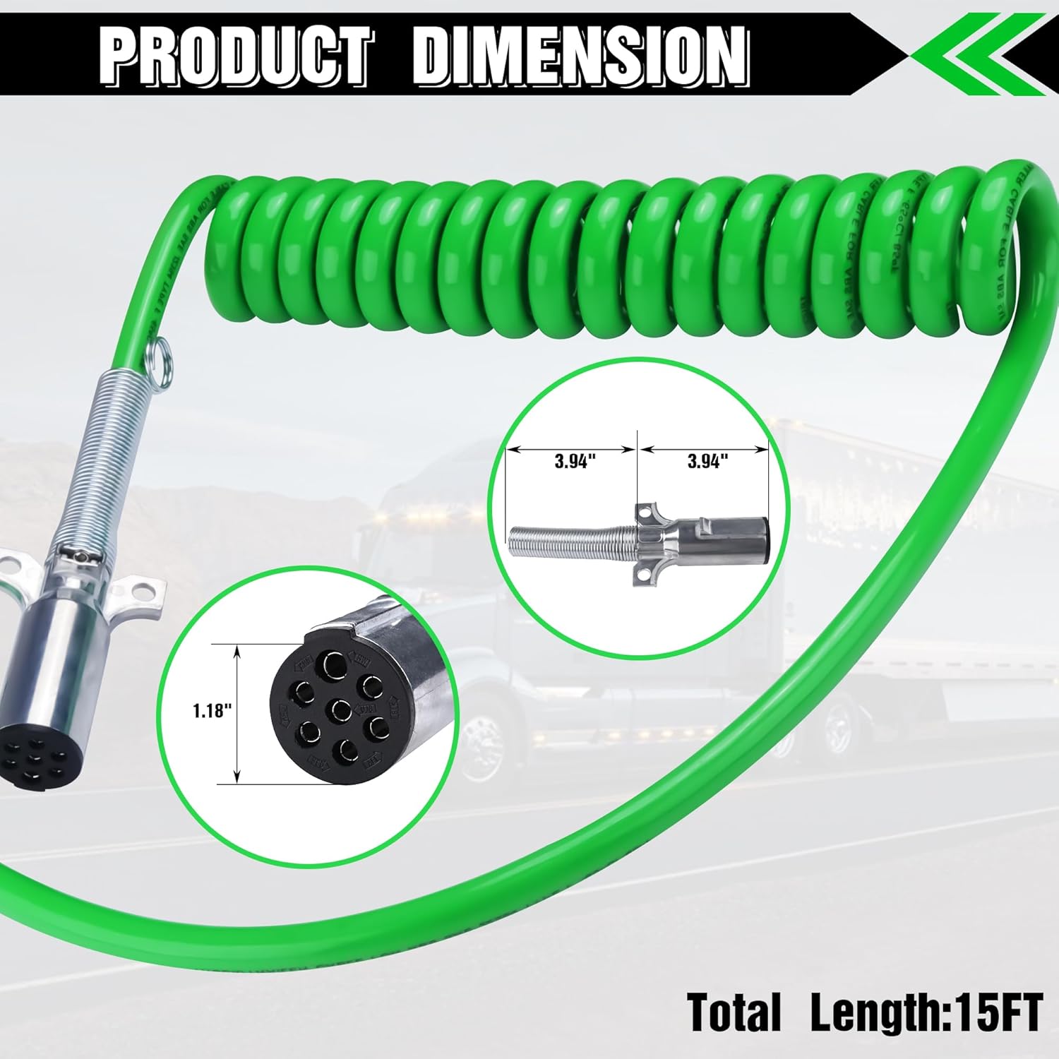 7 Way Coiled Cord 15 FT Green ABS Electrical Power Cords Coil Pigtail Power Wire Heavy Duty Cable for Semi Truck Trailer Tractors
