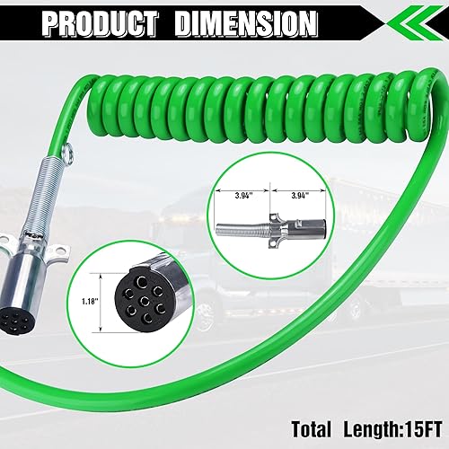 Miniatura 6 de Cable en espiral de 7 vías de 15 pies ABS verde cables de alimentación eléctrica Bobina Pigtail Cable de alimentación Cable resistente para