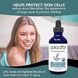 PURA D\'OR ORGANIC Frankincense Essential Oil (4oz with Glass Dropper) 100% Pure & Natural Therapeutic Grade For Hair, Body, Skin, Aromatherapy Diffuser, Relaxation, Meditation, Mood, Massage, DIY Home