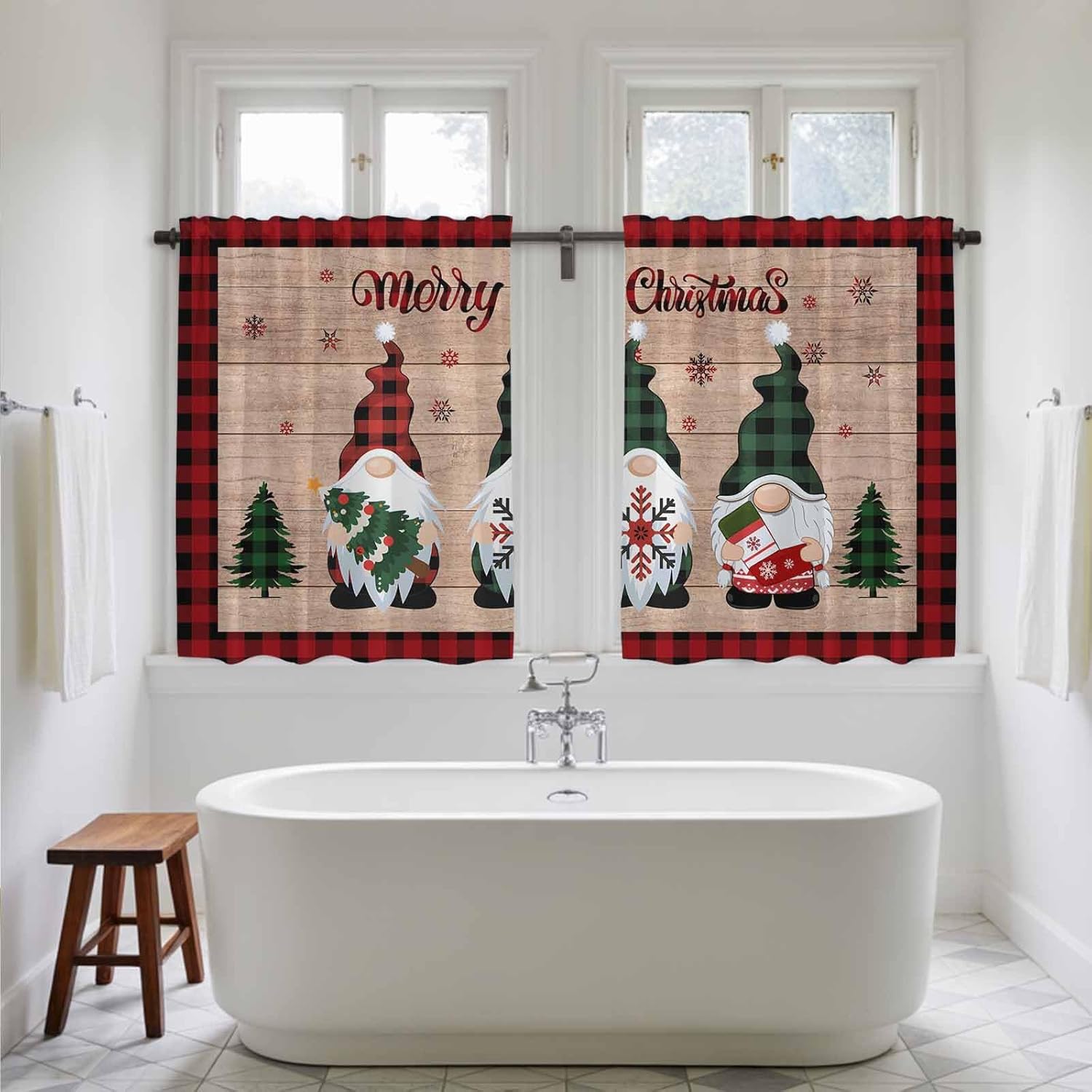 Christmas Gnomes Kitchen Tier Curtains 45 Inch Long 2 Panel Set,Rod Pocket Short Window Treatment,Xmas Snowflake Red Black Plaid Wooden Curtains & Drapes for Bathroom Basement 27.5"W x 45"L