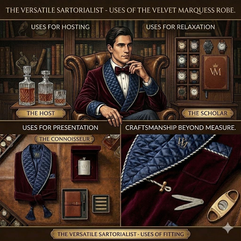 Men’s Burgundy Velvet Smoking Jacket with Blue Satin Quilted Collar | Luxury Belted Dinner & Party Host Robe Coat