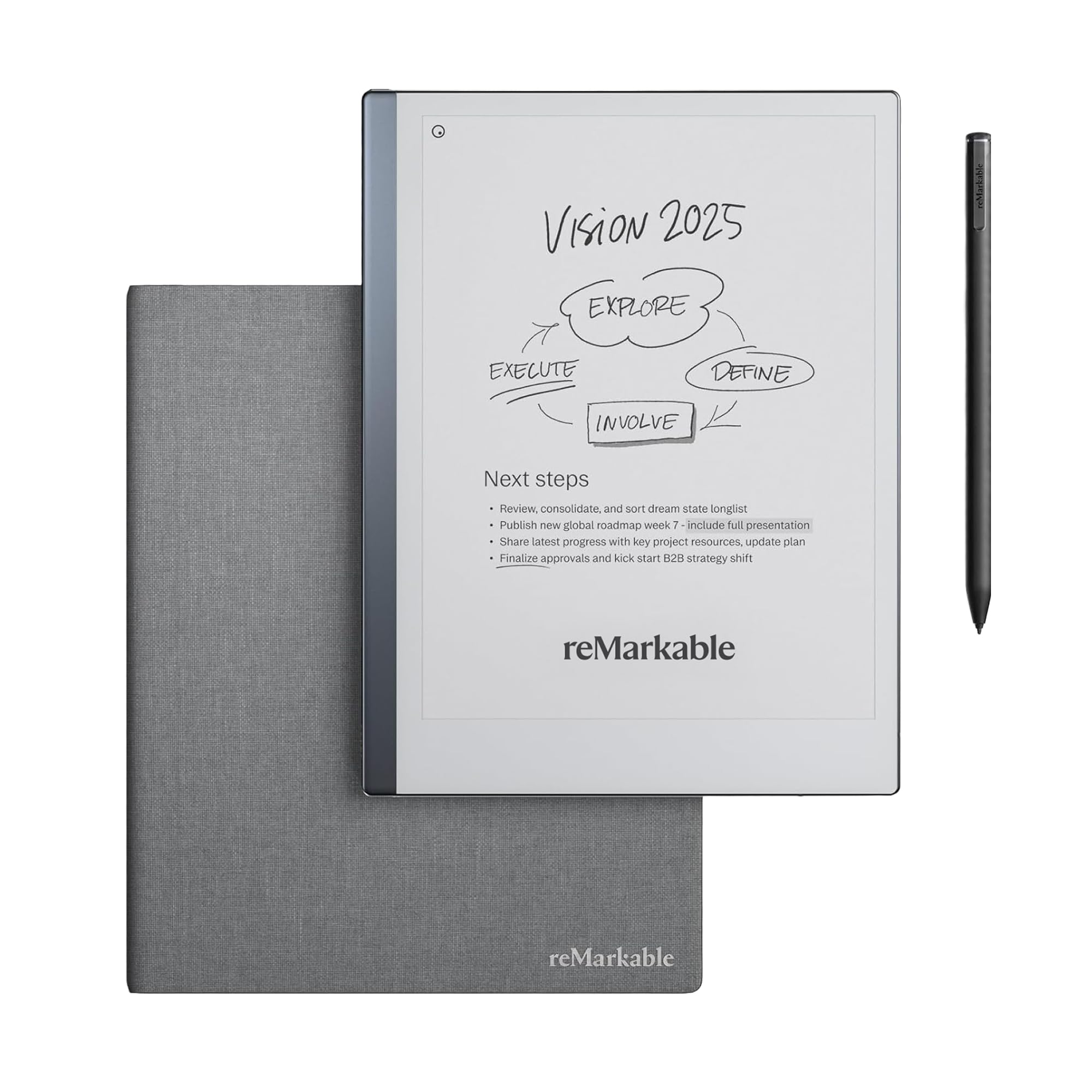 reMarkable 2 Bundle - Folio aus Polymergewebe | 10,3-Zoll reMarkable 2 Papier-Tablet, Marker Plus Pen mit integriertem Radiergummo und Book Folio-Hülle aus grauem Polymer Weave