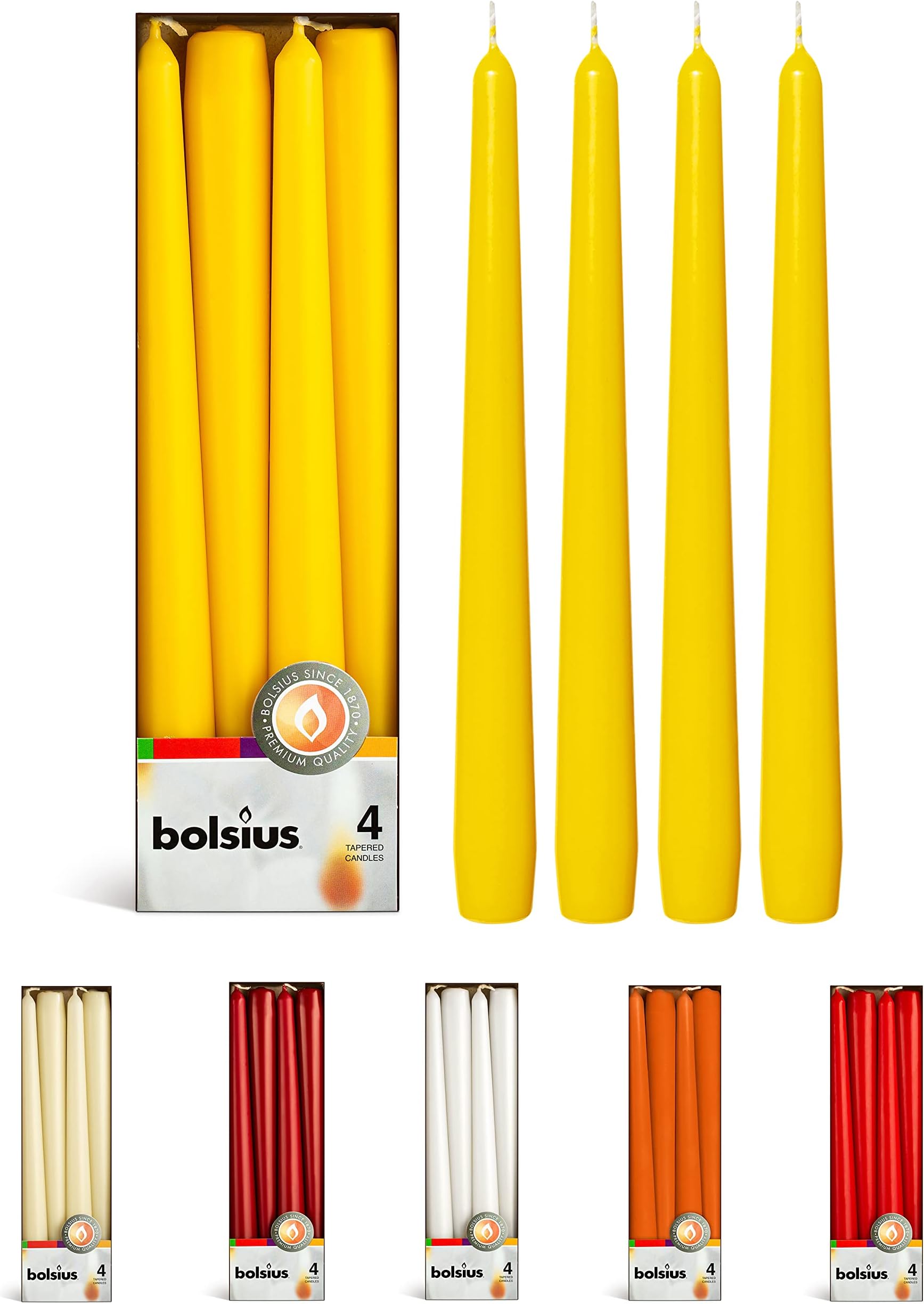 BOLSIUS Yellow Taper Candles - 4 Pack Unscented 10 Inch Dinner Candle Set - 8 Hours Burn Time - Premium European Quality - Smokeless and Dripless Household Wedding, Party, and Home Decor Candlesticks