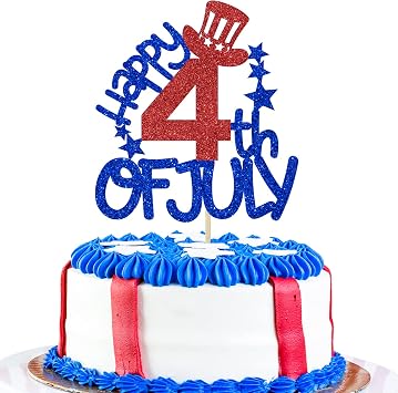 Happy 4th of July Cake Topper, Happy Independence Day Cake Decor, Let the Freedom Ring Party Decorations Supplies Red & Blue Glitter