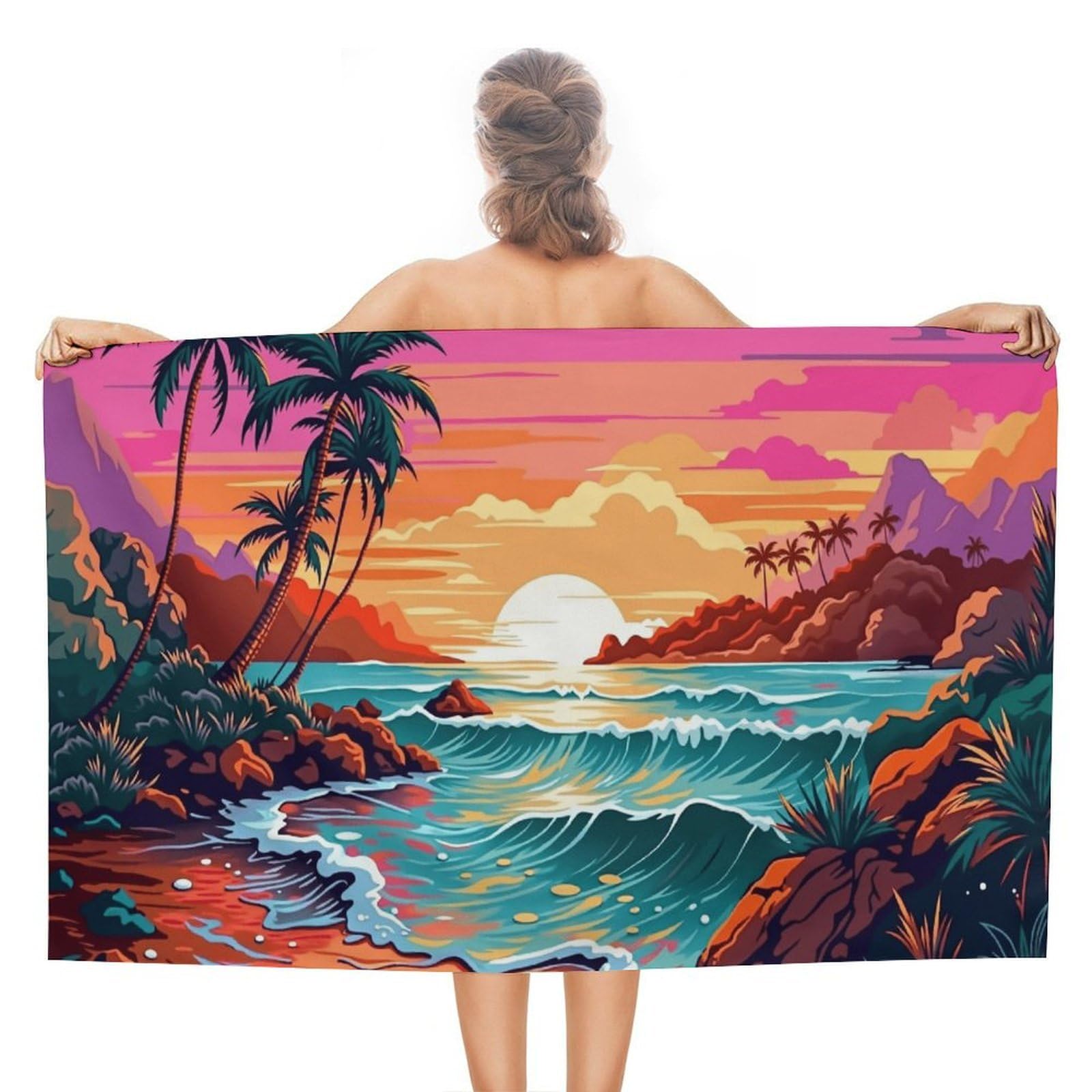 Anceky Tropical Sunset Beach Scene Beach Towel Microfiber Soft Absorbent Oversized Large Bath Towel Blanket Thin Quick Dry for Adults Swimming Pool Yoga Gym Travel 51"X31"