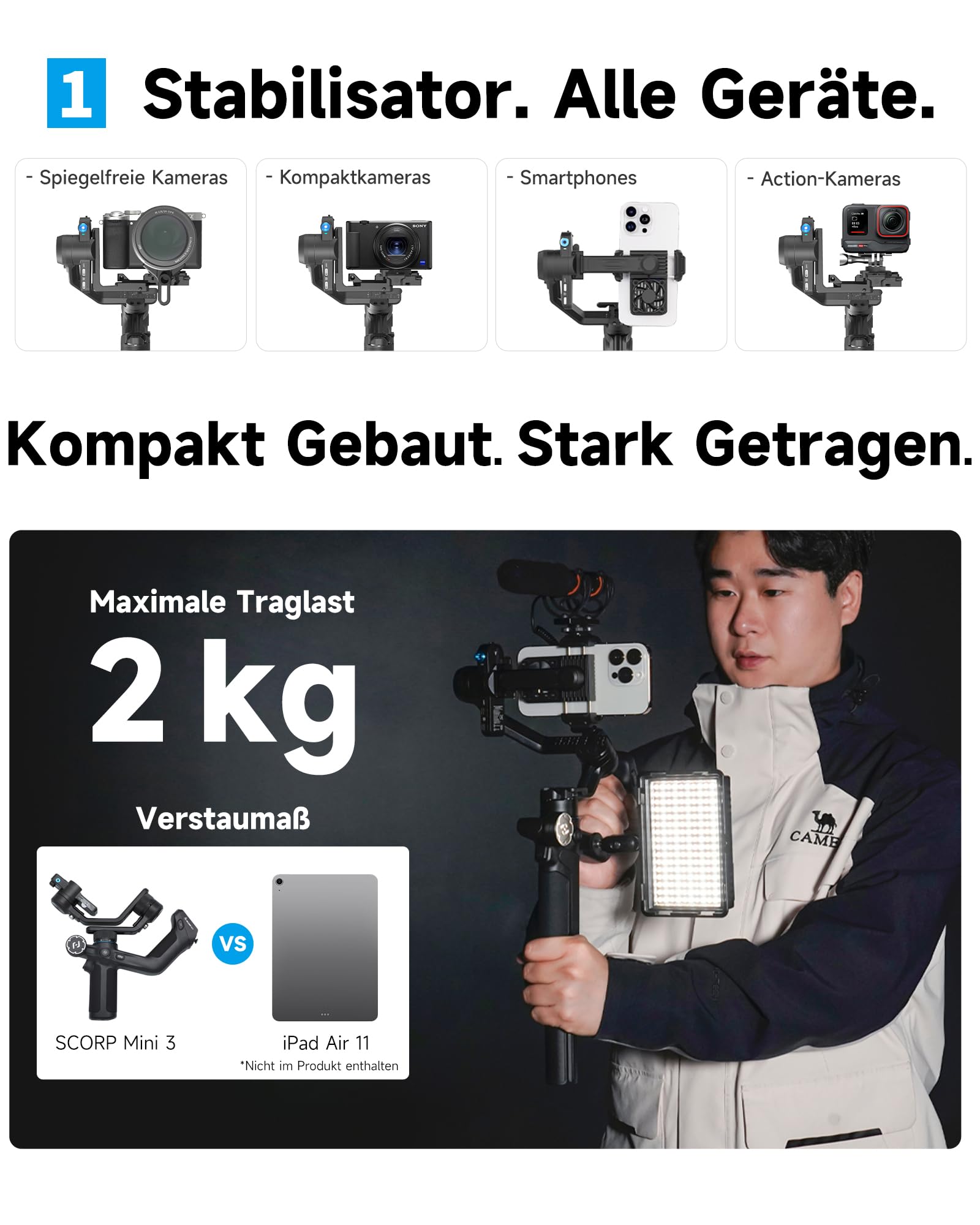 FeiyuTech SCORP Mini 3 Pro Kit Kamera Gimbal mit AI Tracking & Fernsteuerungsgriff, All-in-One Stabilisator für Sony RX100 VII & ZV-E10/Canon/Nikon, iPhone & Android, Actioncam, inkl. Transportkoffer