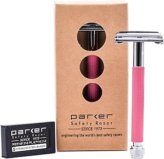 Parker Safety Razor, Parker 29L Pink, Long Handle Butterfly Open Double Edge Safety Razor for Women, 5 Parker Premium Platinum Double Edge Razor Blades Included