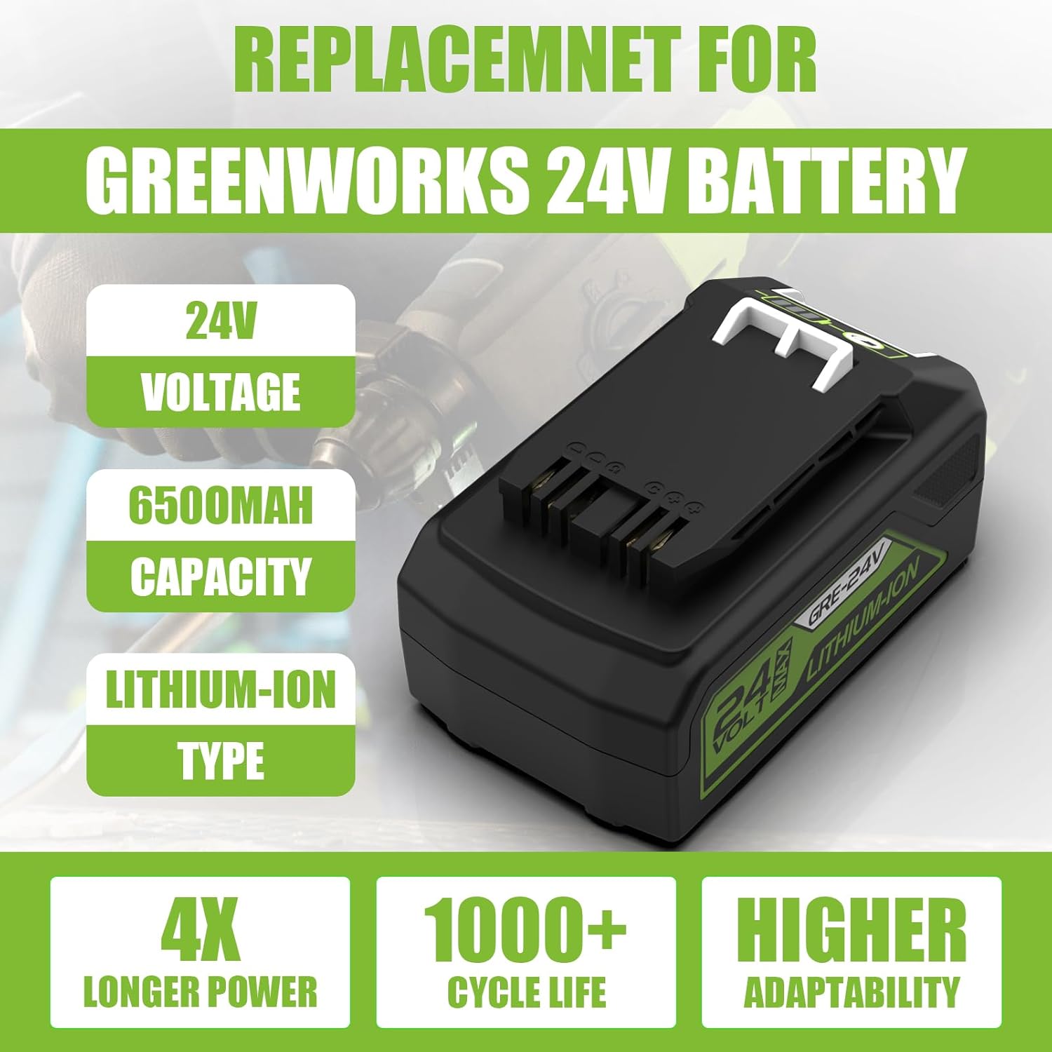 6500mAh 29842 29852 Replacement for Greenworks 24V Battery and Charger for Greenworks 24V Cordless Tools
