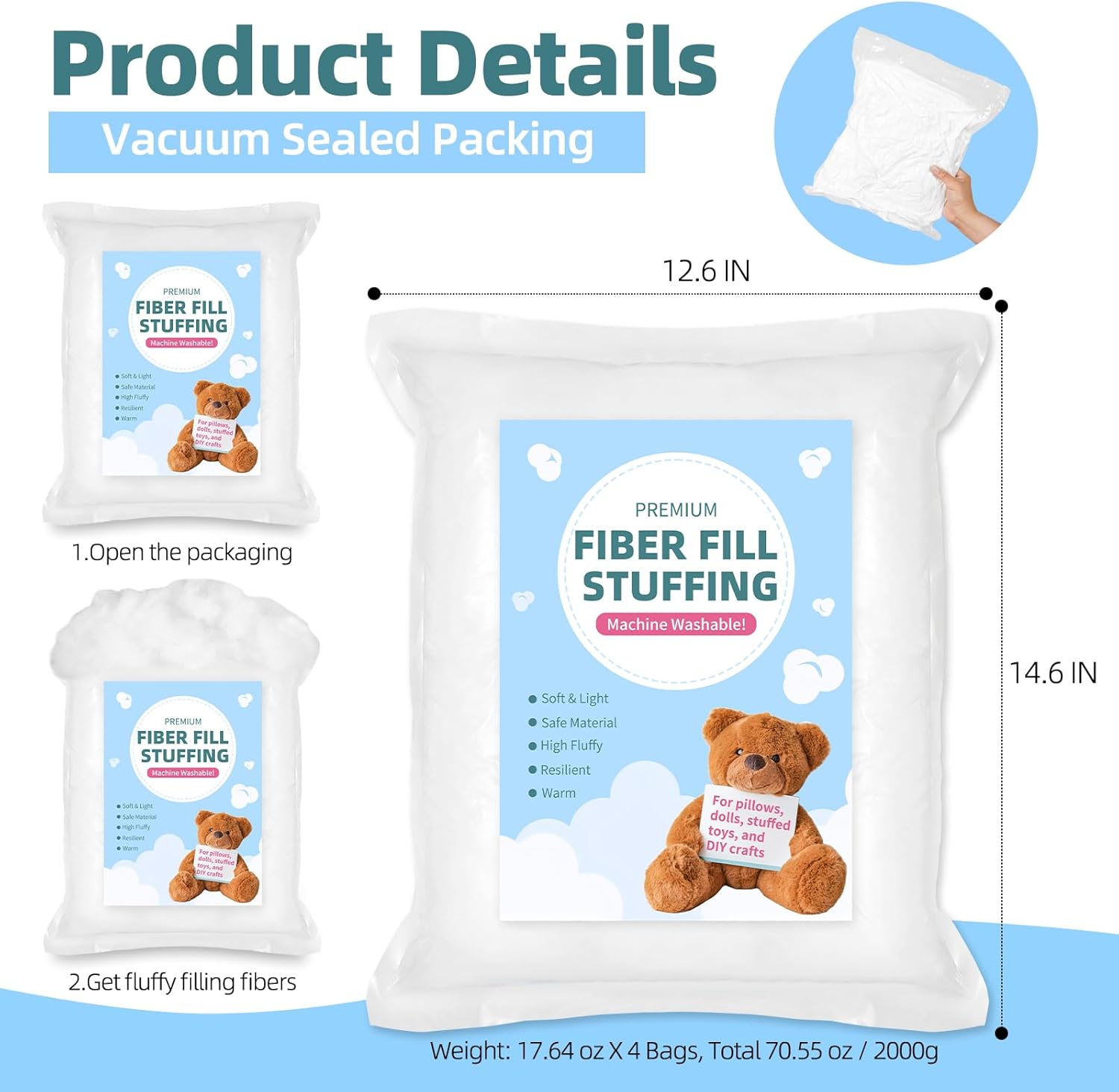 Fiberfill Stuffing for Crochet Animals, Crafts, Cushion and Clouds, Premium Quality Fiber Fill Pillow Stuffing Machine Washable Ployester. 2000g/4.4lb