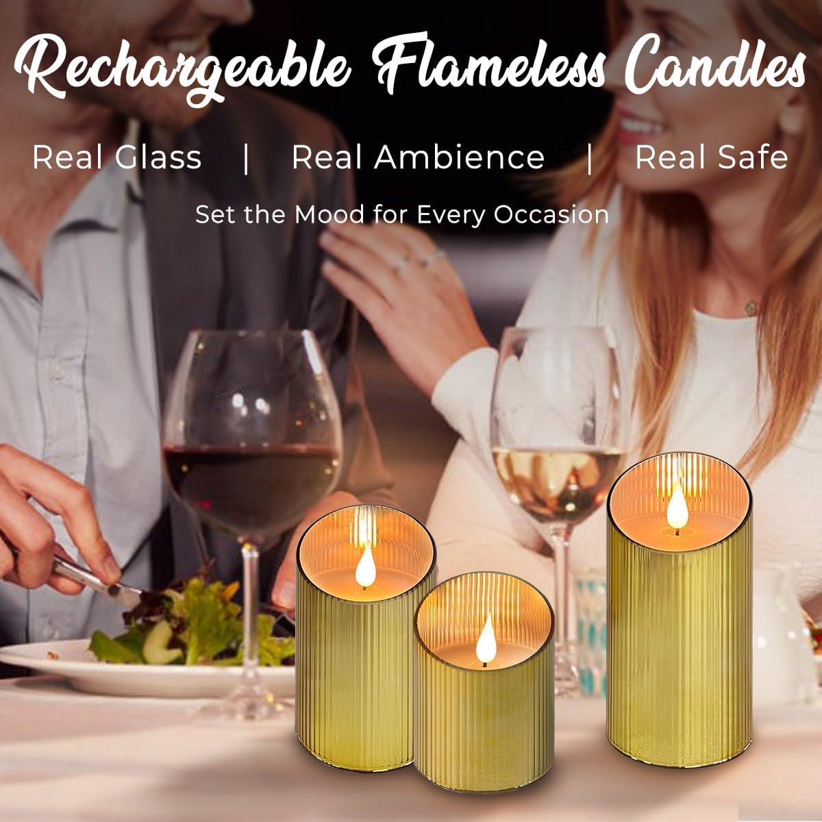 Rechargeable Flameless Candle, Flickering LED Pillar Glass Fake Candle with Remote and Timer, Built-in Battery Real Wax Electronic Candle for Room Decoration, Set of 3