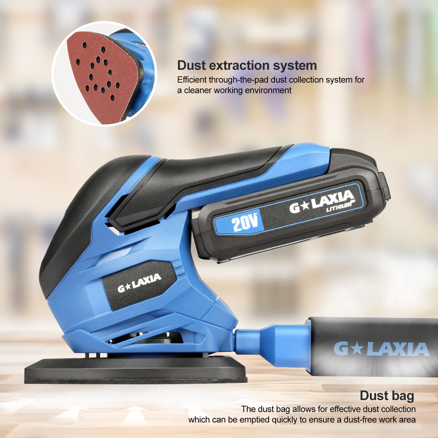 Ponceuses de détail sans fil 20 V Li-ion 12 000 tr/min avec système de collecte de poussière, 20 papiers abrasifs, batterie et chargeur inclus, plus adaptées pour le polissage du bois, des