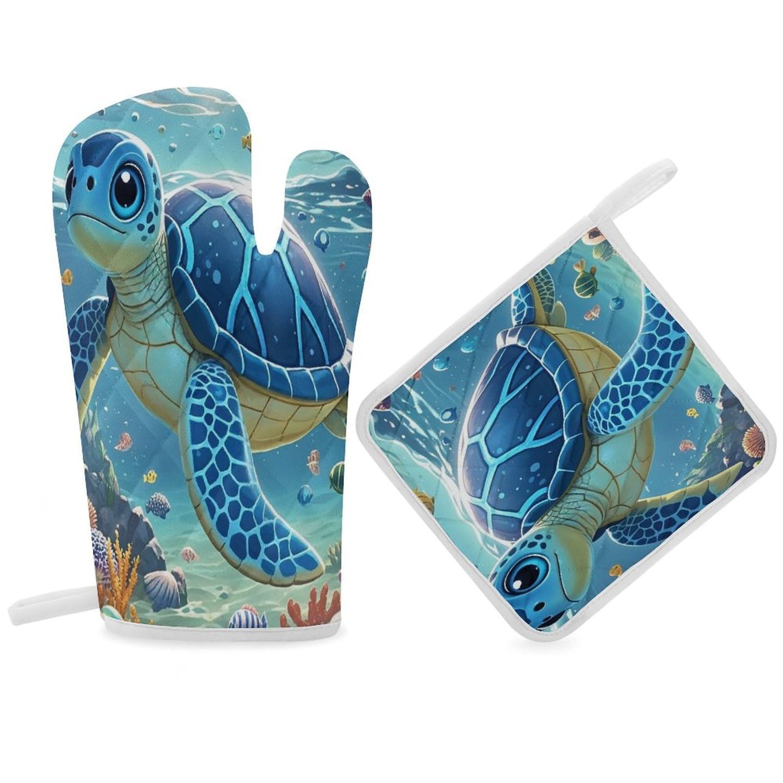 Blue Sea Turtle in Ocean Oven Mitt Gloves and Heat Insulation Pads Double-Layer Thickened Heat Insulation Mitt Temperature Oven Gloves for Cooking Baking Grilling