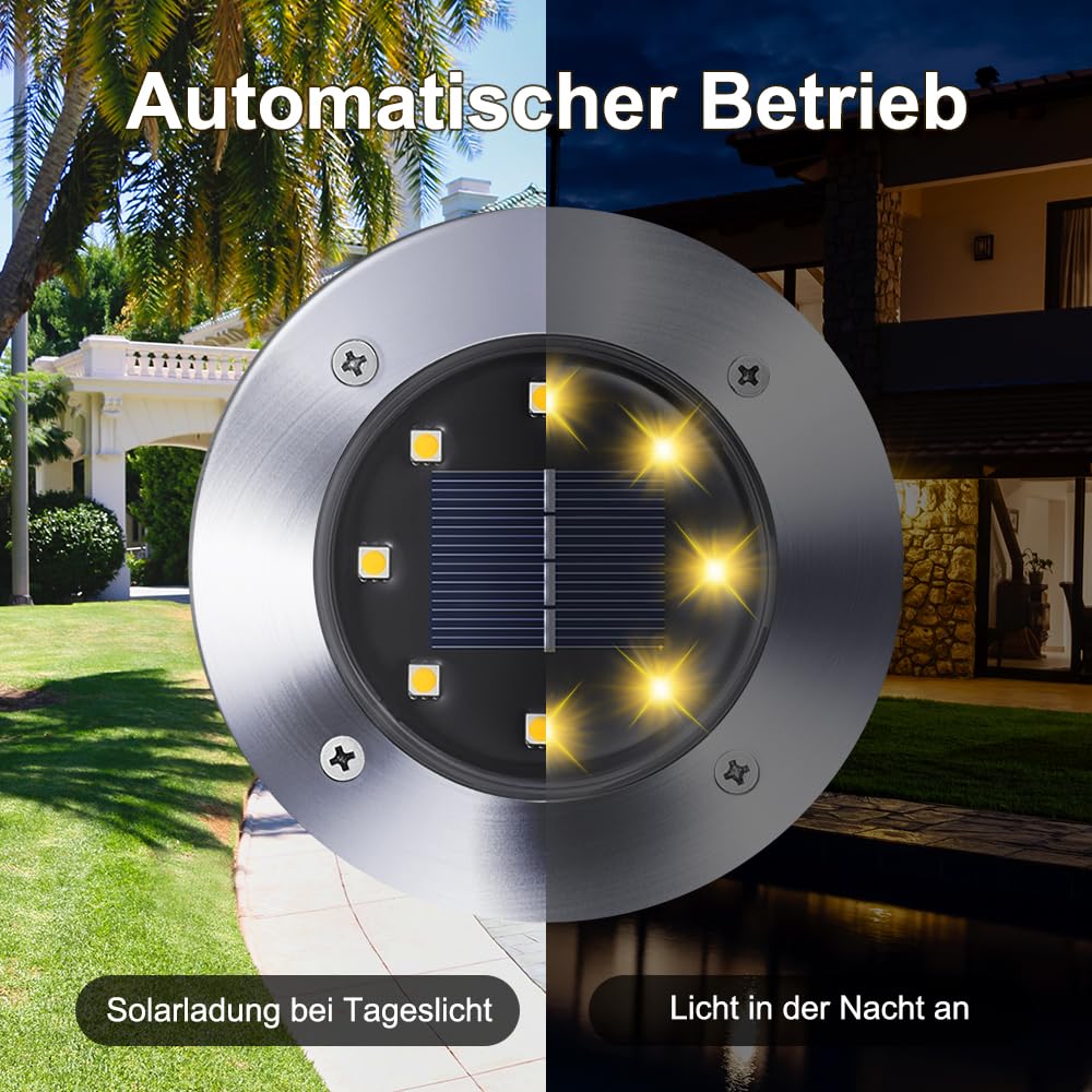 Qedertek Solarne lampy podłogowe do ogrodu, 8 sztuk, 8 diod LED, lampa zewnętrzna, ciepła biel, lampy solarne LED, wodoszczelne, lampy solarne do ogrodu, na trawnik, chodnik, patio, podjazd