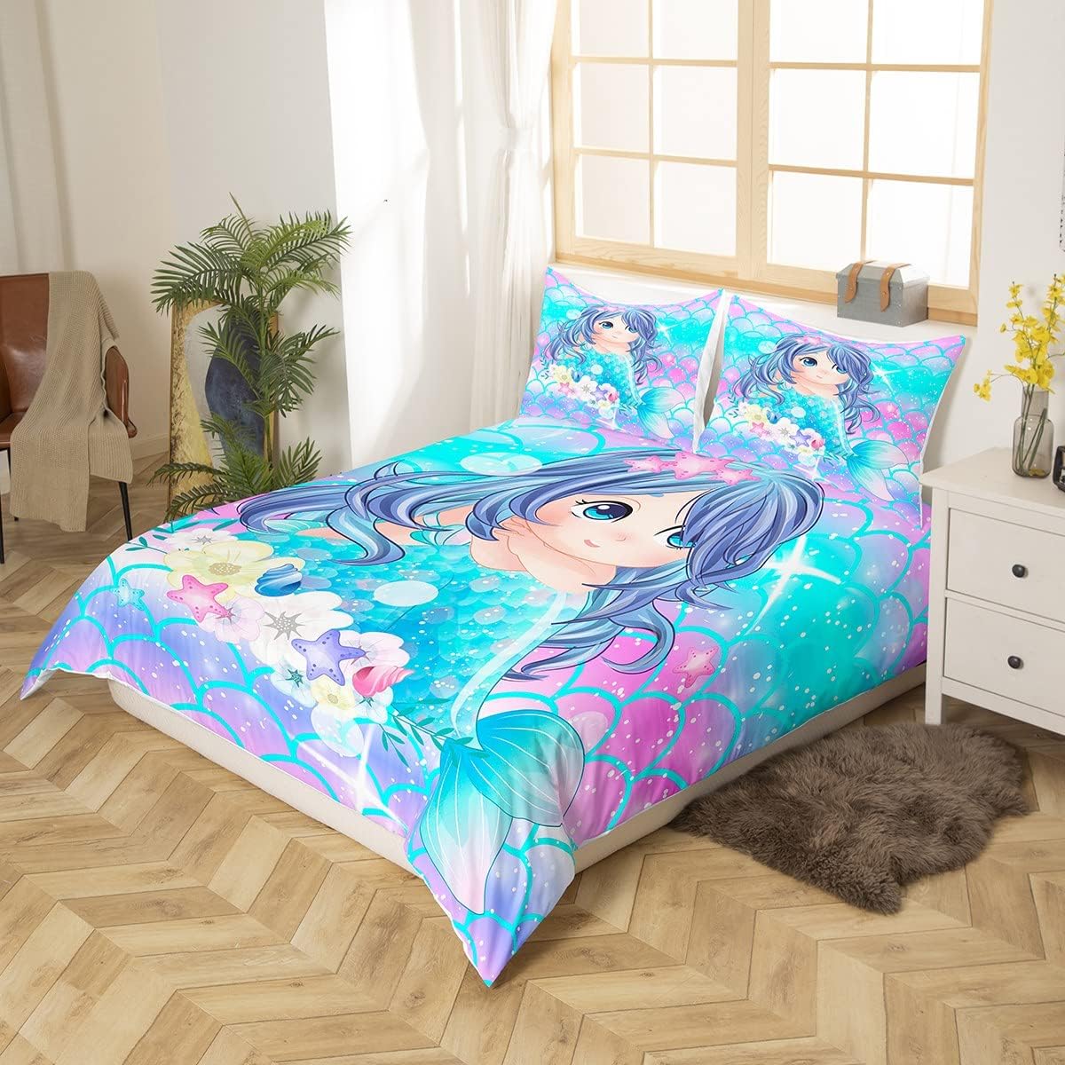 Erosebridal Cute Mermaid Duvet Cover Twin Ocean Themed Bedding Set Mermaid Princess Comforter Cover for Kids Girls Rainbow Glitter Bedding Gradient Fish Scale Decor 2pcs 1 Pillowcase (No Comforter)