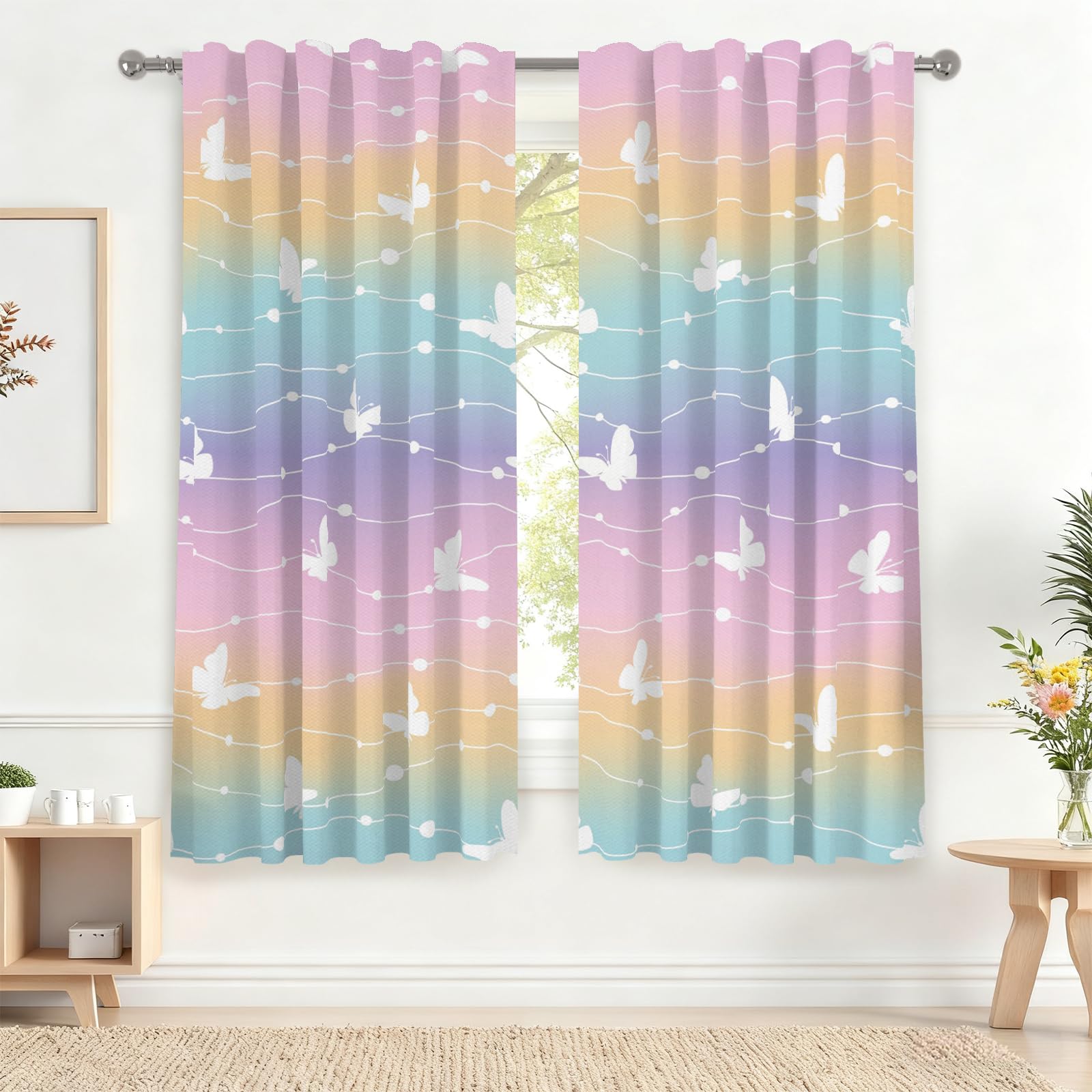 Rideaux occultants lin motif papillon Renaiss 2 pièces pour chambre d'enfant 106x160cm