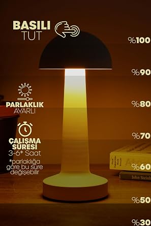 Şarjlı Mantar Masa Lambası Metal Dokunmatik 3 Işık Parlaklık Ayarlı Gece Masa Üstü Lamba (Beyaz A4) [Enerji Sınıfı A]